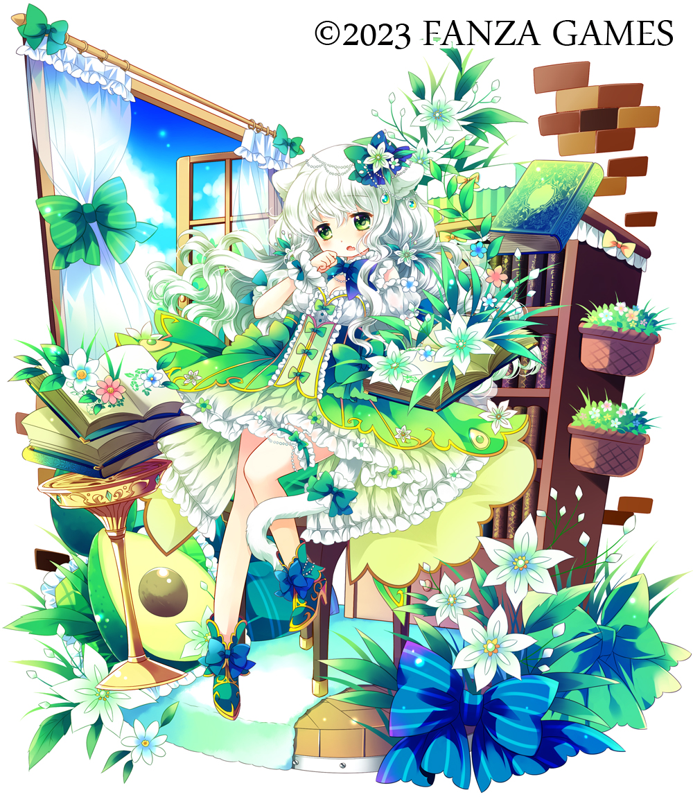1girl animal_ears avocado_(fruits_fulcute!) blue_bow blue_footwear blue_sky book bookshelf bow brick_wall cat_ears cat_girl cat_tail cloud cloudy_sky commentary_request curtains day dress flower frilled_dress frills fruits_fulcute! green_bow green_dress green_eyes grey_hair hair_between_eyes long_hair official_art open_book open_mouth open_window pink_flower sakurazawa_izumi shoes simple_background sky solo striped striped_bow tail tail_bow tail_ornament transparent very_long_hair white_background white_flower window
