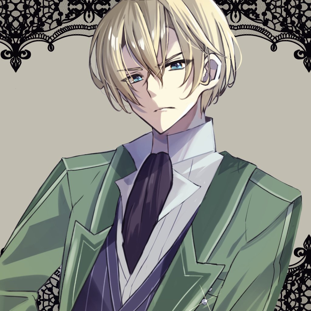 1boy black_necktie blonde_hair blue_eyes blue_vest closed_mouth collared_shirt commentary crossed_bangs double-parted_bangs dress_shirt eiyuu_densetsu frown green_shirt grey_background hair_between_eyes jacket jusis_albarea lapels looking_at_viewer male_focus natsusechoco necktie open_clothes open_jacket ornate_border outside_border popped_collar sen_no_kiseki shirt short_hair solo suit undershirt upper_body vest white_shirt