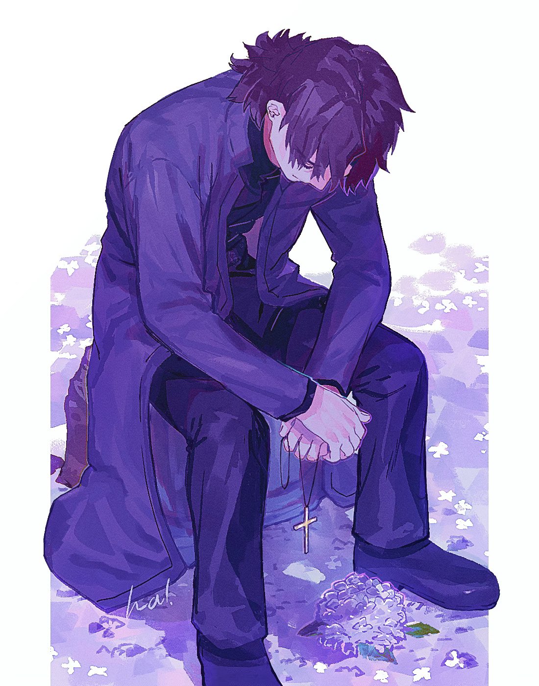 1boy black_footwear black_pants black_shirt brown_hair closed_eyes closed_mouth coat cross cross_necklace facing_down fate/stay_night fate_(series) flower hal_(haaaalhal) highres hydrangea jewelry kotomine_kirei long_sleeves looking_down male_focus necklace pants purple_coat shirt short_hair signature sitting solo