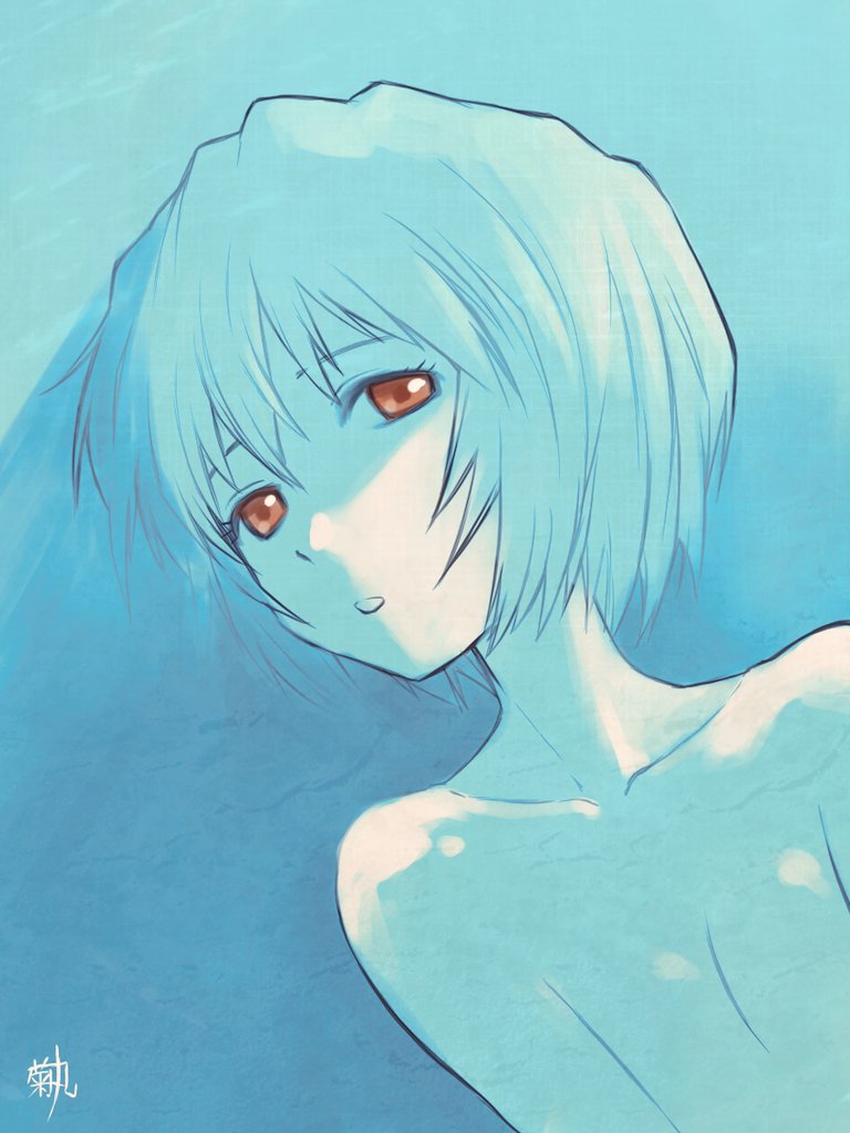 1girl artist_name ayanami_rei bangs bare_shoulders blue_background blue_hair blue_theme breasts breasts_squeezed_together cleavage close-up collarbone commentary gradient_background hair_between_eyes kikumaru_bunta looking_at_viewer neon_genesis_evangelion no_nipples nude parted_lips portrait red_eyes shaded_face short_hair signature small_breasts solo translated upper_body very_short_hair