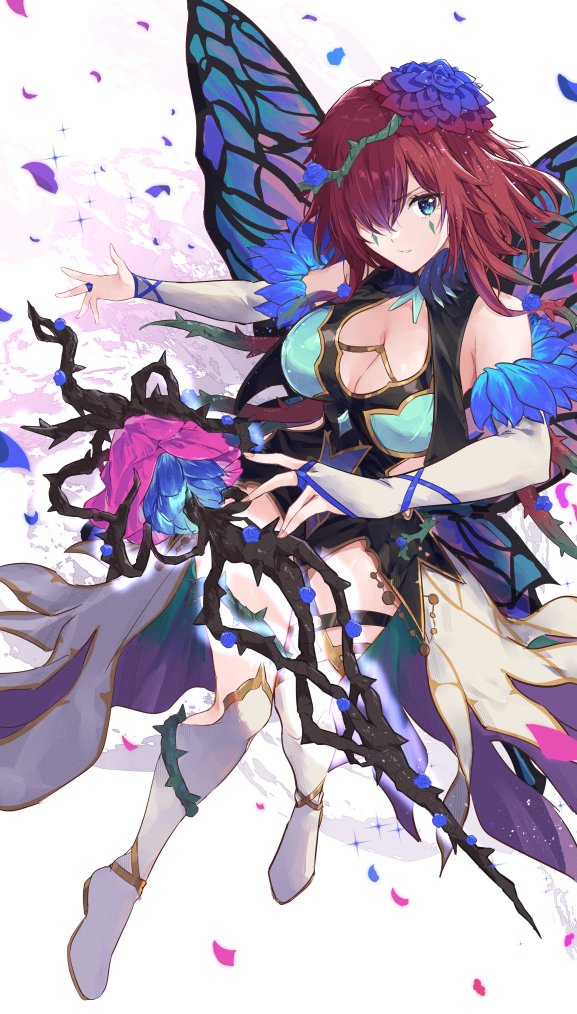 1girl bare_shoulders blue_dress breasts bridal_gauntlets cleavage commentary_request commission dress elbow_gloves facial_mark fairy_wings fire_emblem fire_emblem_heroes flower gloves grin hair_flower hair_ornament hair_over_one_eye large_breasts looking_at_viewer miyazakit official_alternate_costume one_eye_covered pelvic_curtain petals plant purple_flower red_hair short_hair simple_background skeb_commission smile solo staff triandra_(fire_emblem) triandra_(reverent_dream)_(fire_emblem) vines white_background white_footwear white_gloves wings