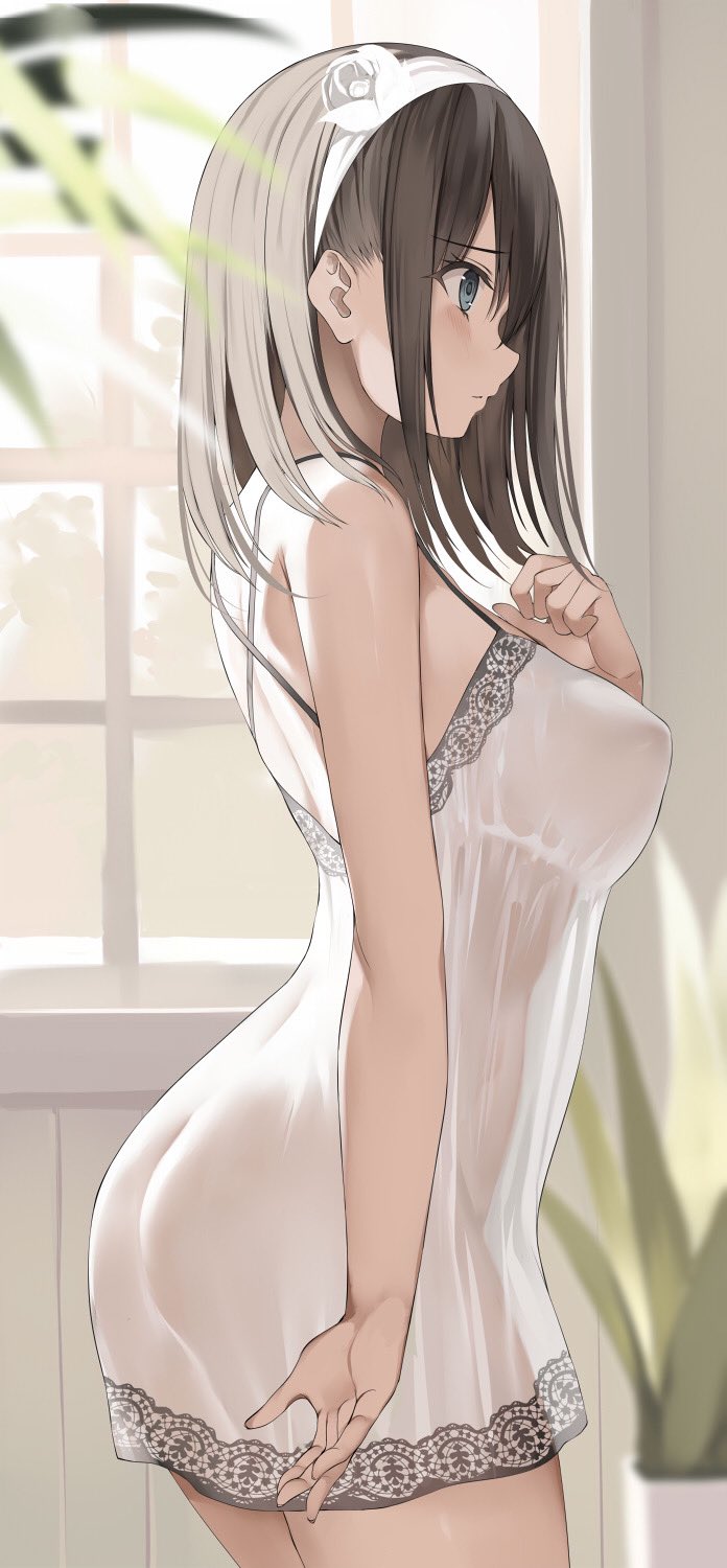 1girl arm_at_side ass bare_arms bare_shoulders black_hair blue_eyes blurry blurry_foreground blush breasts closed_mouth commentary_request cowboy_shot curtains dress error from_side furrowed_brow hairband highres indoors kureha_(ironika) large_breasts looking_afar medium_hair original parted_lips revision see-through see-through_dress solo standing tsubasa_(kureha) upper_body white_dress white_hairband wrong_hand