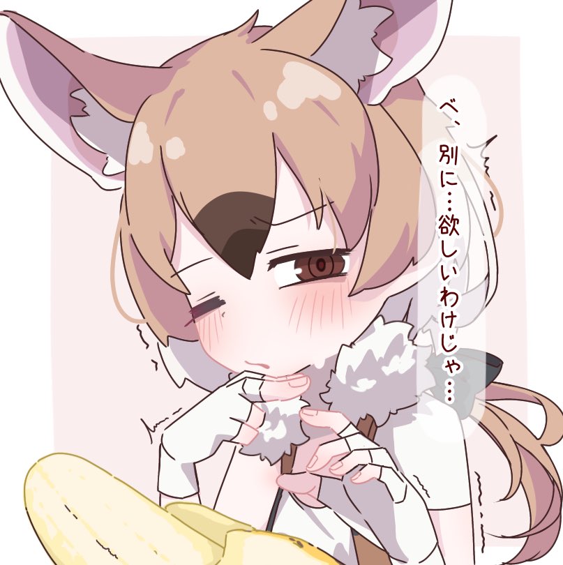 1girl animal_ear_fluff animal_ears banana blush brown_eyes brown_hair extra_ears fingerless_gloves fingernails food fruit gambian_rat_(kemono_friends) gloves half-closed_eye hand_on_own_chin hands_up kemono_friends light_brown_hair long_hair looking_at_food looking_at_object low_ponytail mouse_ears multicolored_hair one_eye_closed parted_bangs parted_lips raised_eyebrow ringed_eyes sarutori sexually_suggestive shirt short_sleeves solo translation_request trembling upper_body vest white_hair