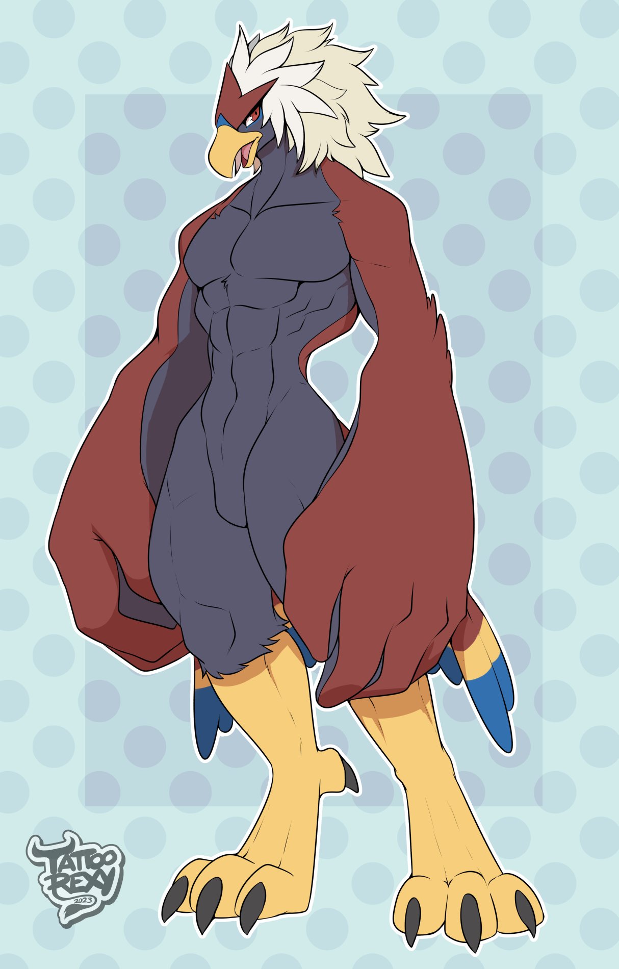 2023 4_toes anisodactyl anthro athletic athletic_anthro athletic_male avian beak biped bird braviary claws feathered_crest feathers featureless_crotch feet generation_5_pokemon head_crest hi_res looking_away male multicolored_body multicolored_feathers muscular nintendo nude pokemon pokemon_(species) red_body red_eyes red_feathers simple_background small_waist solo standing tail_feathers talons tattoorexy toe_claws toes white_body white_feathers winged_arms wings yellow_beak
