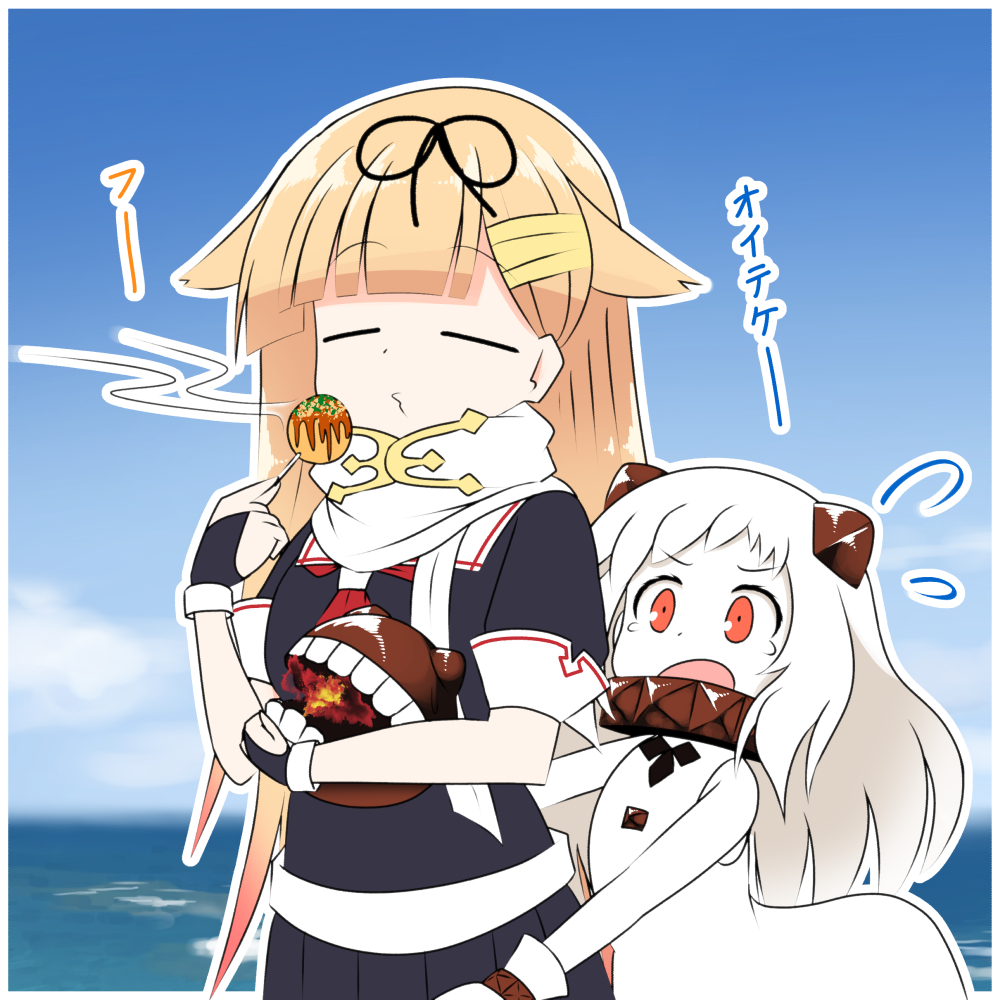 2girls abyssal_ship black_gloves black_ribbon black_serafuku black_skirt blonde_hair closed_eyes colored_skin dress enemy_aircraft_(kancolle) fingerless_gloves gloves hair_flaps hair_ornament hair_ribbon hairclip horns kantai_collection long_hair multiple_girls northern_ocean_princess red_eyes ribbon scarf school_uniform serafuku short_sleeves sira skirt white_dress white_hair white_scarf white_skin yuudachi_(kancolle) yuudachi_kai_ni_(kancolle)