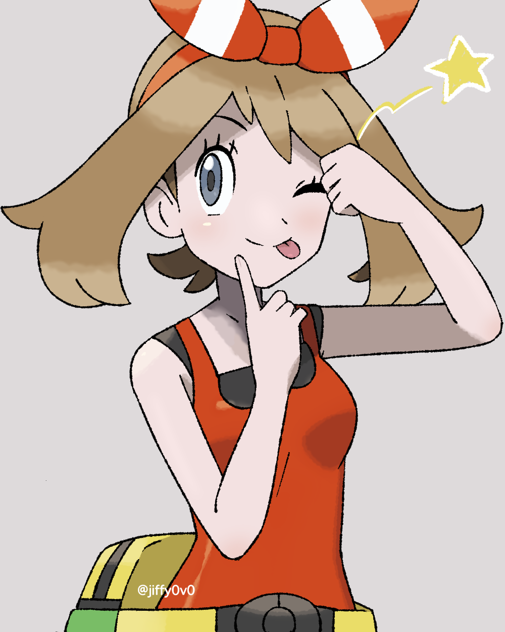 1girl ;p bare_arms bow_hairband brown_hair closed_mouth commentary eyelashes fanny_pack grey_background grey_eyes hairband highres index_finger_raised jiffy0v0 may_(pokemon) medium_hair one_eye_closed pokemon pokemon_(game) pokemon_oras shirt simple_background sleeveless sleeveless_shirt solo split_mouth star_(symbol) tongue tongue_out upper_body yellow_bag