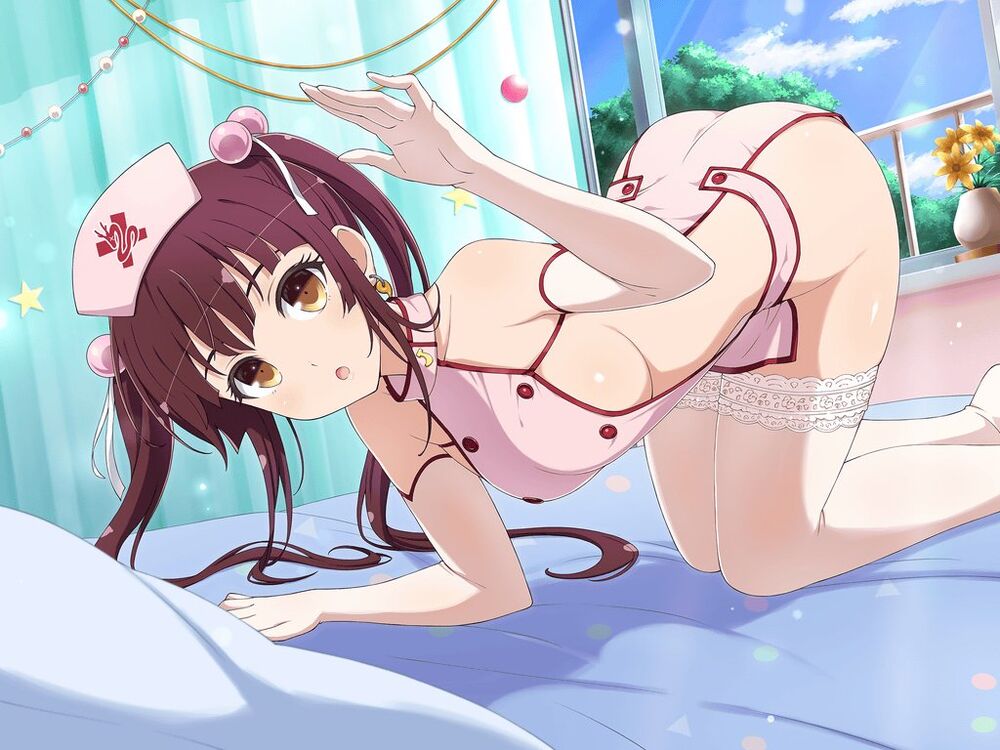 1girl bed bed_sheet blanket blue_sky blush breasts brown_eyes brown_hair cloud curtains day earrings elbow_gloves flower flower_pot gloves hair_ornament hat hospital_bed ikkitousen indoors jewelry large_breasts long_hair looking_at_viewer mini_hat nurse nurse_cap official_art on_bed open_mouth pillow plant potted_plant revealing_clothes senran_kagura senran_kagura_new_link sideboob sky solo sonken_chuubou_(shin_ikkitousen) thighhighs tree twintails white_gloves yaegashi_nan yellow_flower