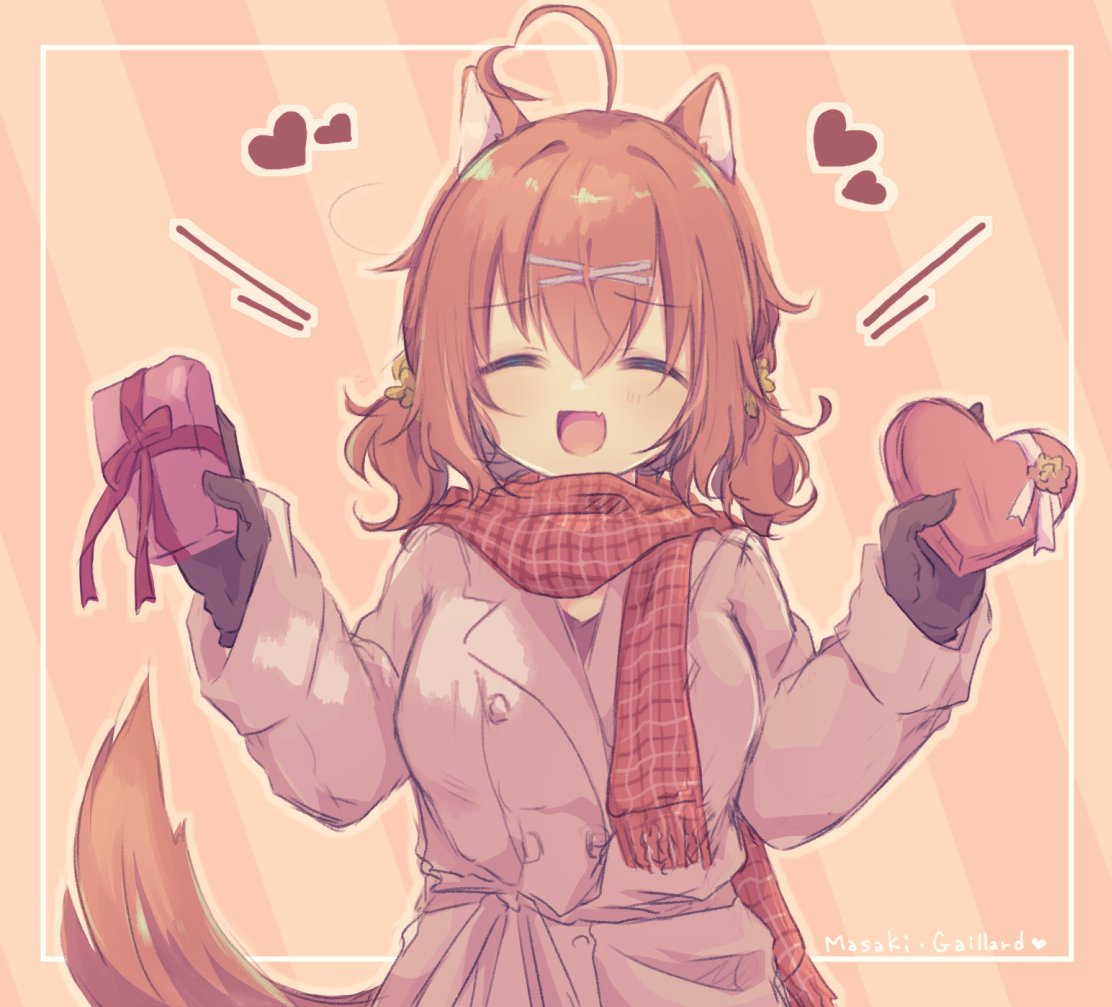 1girl :d ^_^ ahoge amairo_islenauts animal_ears black_gloves blush box brown_coat character_name closed_eyes coat commentary_request facing_viewer furrowed_brow gift gloves hair_between_eyes hair_ornament hair_scrunchie hands_up happy heart heart-shaped_box heart_ahoge holding holding_gift konoquro long_sleeves low_twintails masaki_gaillard open_mouth pink_background plaid plaid_scarf red_hair red_ribbon red_scarf red_tail ribbon scarf scrunchie short_twintails simple_background smile solo tail twintails upper_body w_arms white_ribbon wolf_ears wolf_girl wolf_tail x_hair_ornament yellow_scrunchie