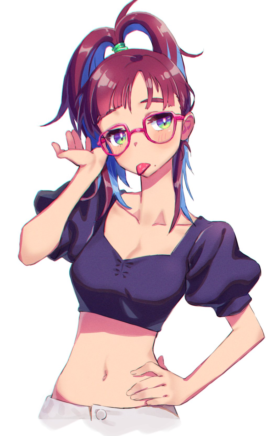 1girl blue_hair blush breasts brown_hair cleavage crop_top glasses green_eyes hand_on_own_hip high_ponytail highres kunikune looking_at_viewer medium_breasts midriff mole mole_under_mouth multicolored_hair navel original ponytail puffy_short_sleeves puffy_sleeves red-framed_eyewear short_sleeves simple_background solo tongue tongue_out white_background