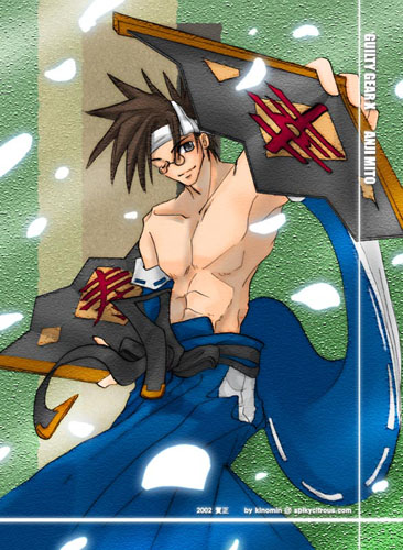 2002 blue_hakama brown_hair detached_sleeves folding_fan guilty_gear guilty_gear_x hakama hand_fan japanese_clothes kinomin lowres male_focus mito_anji no_shirt solo spiked_hair