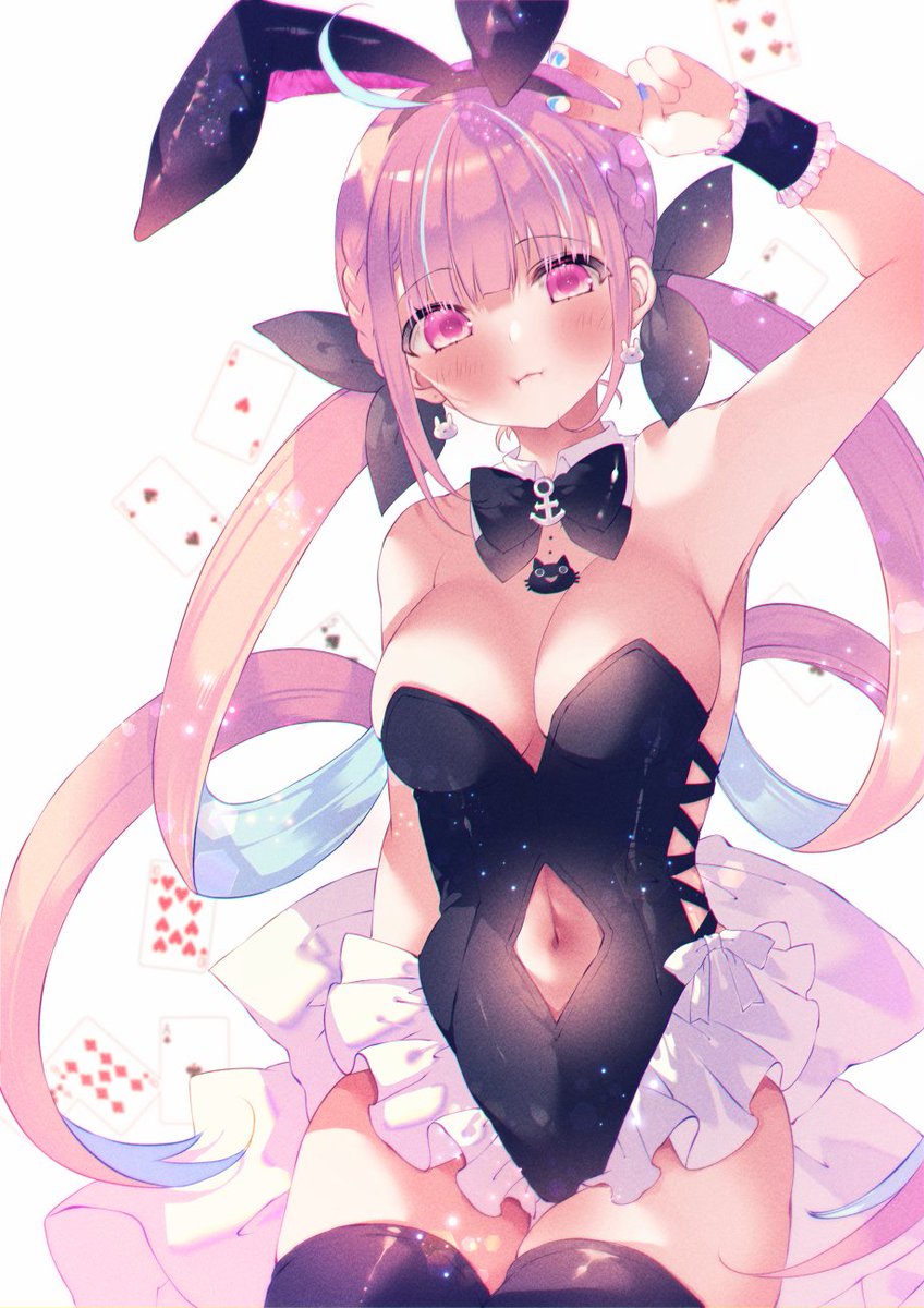 1girl ahoge animal_ears arm_up blunt_bangs blush breasts frills hand_up highres hololive long_hair looking_at_viewer minato_aqua moo_(umineko) multicolored_hair navel pink_eyes pink_hair playboy_bunny rabbit_ears rabbit_tail tail twintails two-tone_hair virtual_youtuber