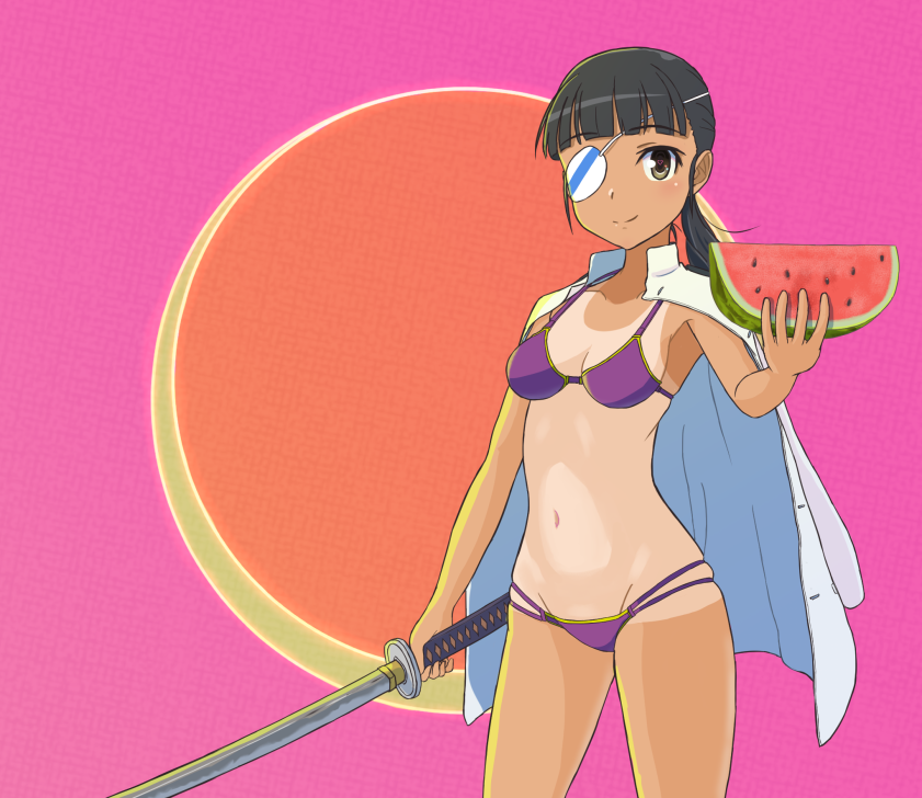 1girl bikini black_hair blush breasts brown_eyes cleavage closed_mouth eyepatch food fruit katana keicha_(kmoekaki) large_breasts long_hair looking_at_viewer navel open_mouth ponytail purple_bikini sakamoto_mio smile solo strike_witches swimsuit sword tan tanlines watermelon weapon world_witches_series