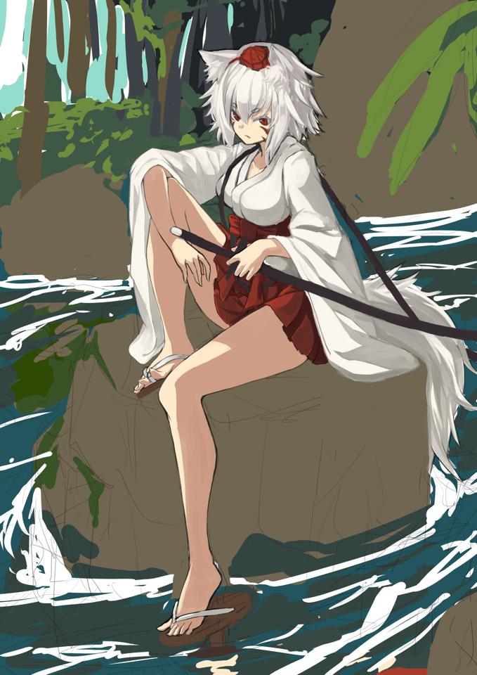 1girl animal_ears bare_legs breasts commentary_request facial_mark feet forest full_body geta hair_between_eyes hat inubashiri_momiji iwashi_(nisankatanso) large_breasts legs long_sleeves looking_at_viewer nature outdoors red_eyes red_skirt short_hair sitting skirt solo stream sword tail toes tokin_hat touhou tree water weapon white_hair wide_sleeves wolf_ears wolf_tail
