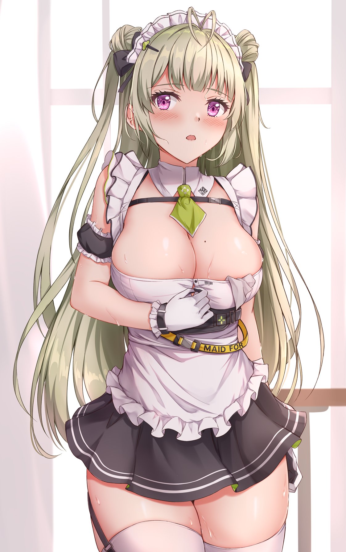 1girl antenna_hair apron ascot bangs bare_shoulders black_dress blush breast_strap breasts cleavage dress goddess_of_victory:_nikke green_ascot green_hair highres huge_breasts long_hair looking_at_viewer maid_apron muwa12 open_mouth purple_eyes short_dress soda_(nikke) solo sweat thighhighs two-tone_gloves white_thighhighs