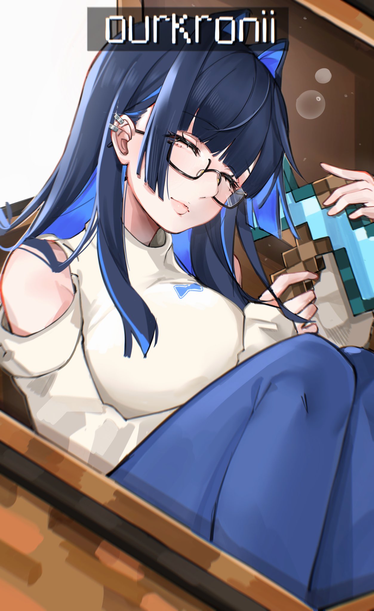 1girl blue_hair blue_pants blunt_bangs breasts closed_eyes colored_inner_hair denim detached_sleeves ear_piercing glasses hair_intakes highres holding holding_pickaxe hololive hololive_english jeans large_breasts long_hair long_sleeves minecraft minecraft_pickaxe multicolored_hair official_alternate_costume ouro_kronii ouro_kronii_(3rd_costume) pants pickaxe piercing punapple shirt sleeping treasure_chest turtleneck two-tone_hair virtual_youtuber white_shirt