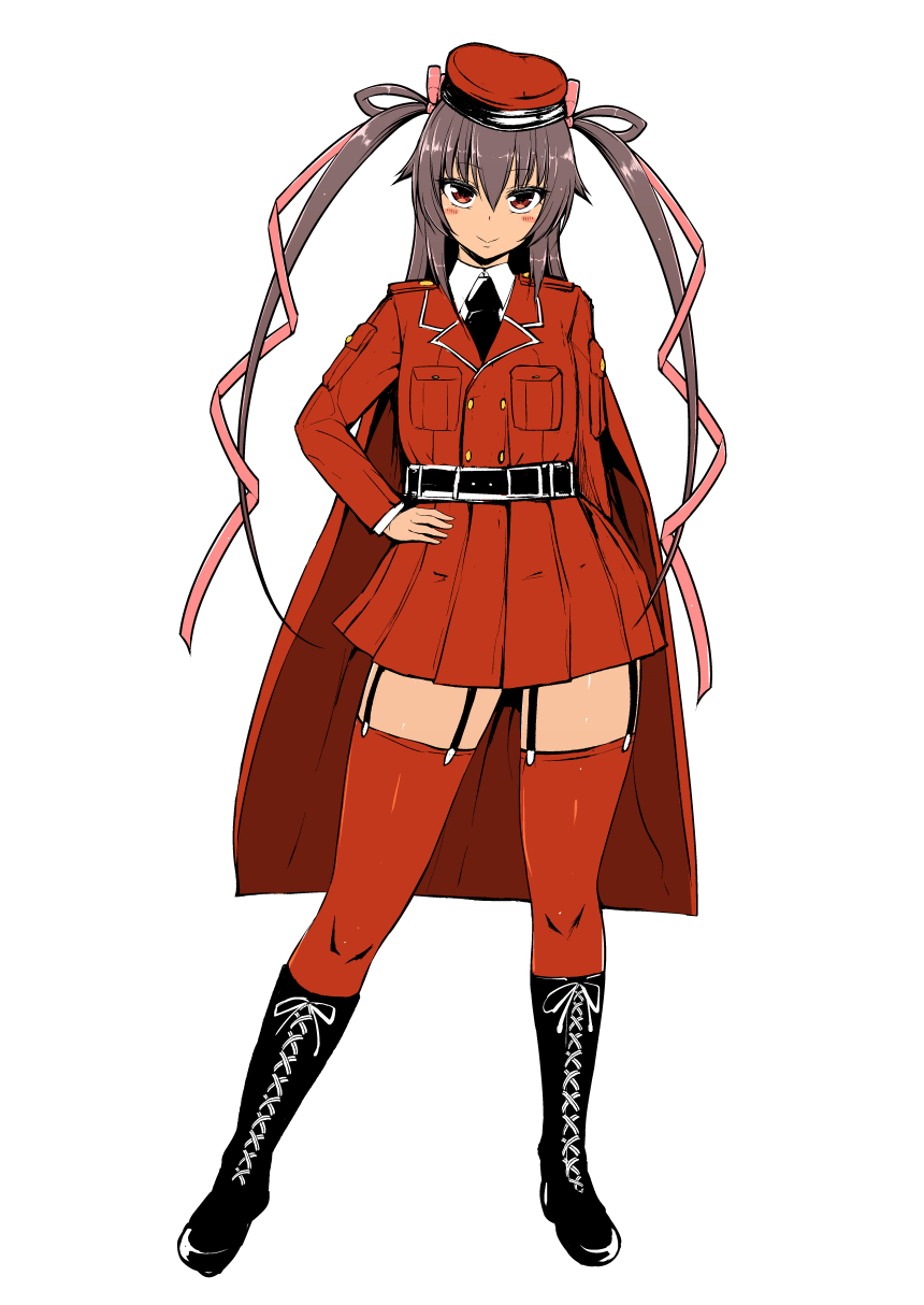 1girl belt black_necktie boots cape collared_shirt contrapposto cross-laced_footwear hand_on_own_hip highres jacket long_hair long_sleeves lovelovemaid military military_uniform mizuki_yukikaze necktie purple_eyes purple_hair red_cape red_eyes red_jacket red_skirt red_thighhighs shirt simple_background skirt solo taimanin_(series) taimanin_yukikaze thigh_boots thighhighs twintails uniform very_long_hair white_background white_shirt