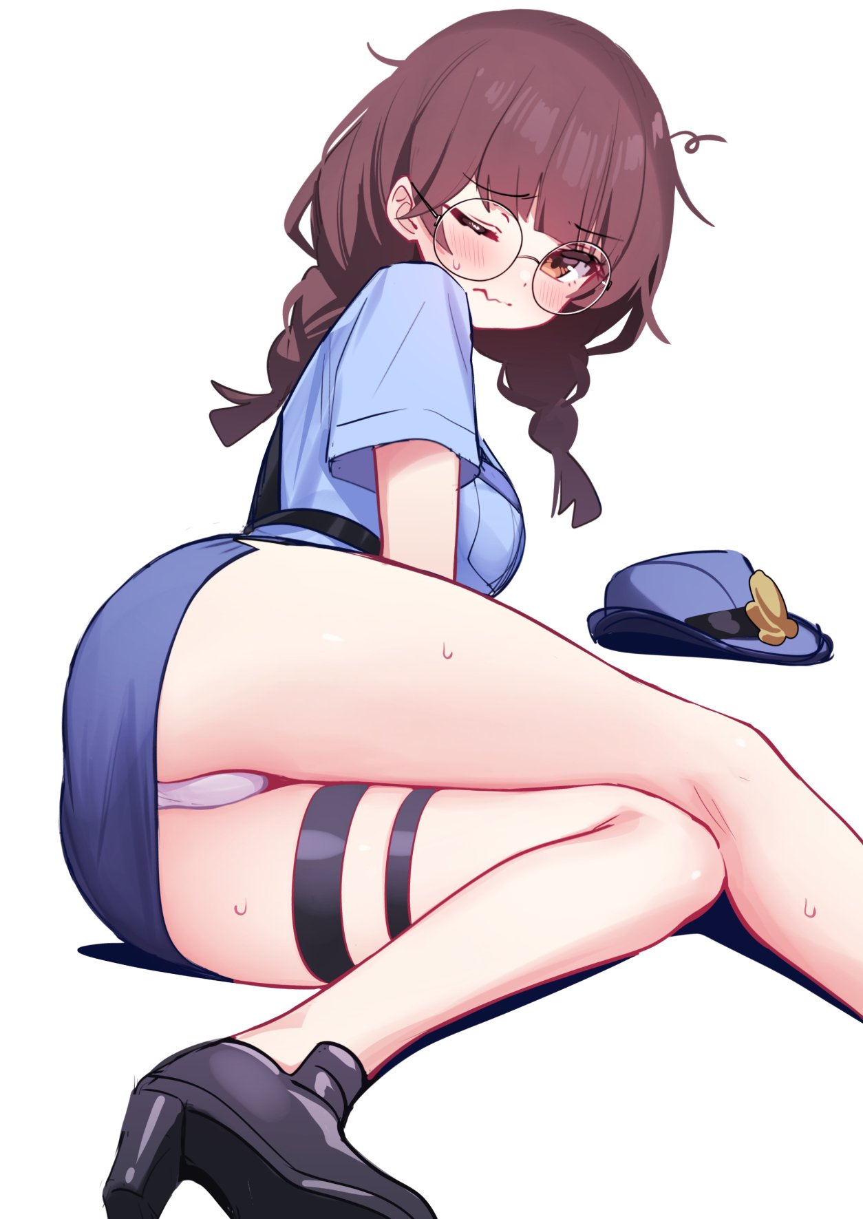 1girl belt black_footwear black_survival blue_headwear blue_skirt braid breasts brown_eyes brown_hair deadnooodles disheveled eternal_return:_black_survival glasses hat highres lying messy_hair miniskirt one_eye_closed panties police police_hat police_uniform policewoman shirt short_sleeves simple_background skirt solo suzuki_aya thigh_strap twin_braids underwear uniform white_background white_panties