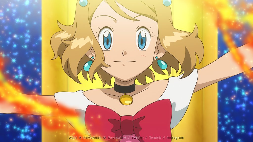 1girl aqua_eyes black_choker blonde_hair blush bow choker closed_mouth collarbone earrings eyelashes fire idol jewelry looking_at_viewer medium_hair mixed-language_commentary noelia_ponce off-shoulder_shirt off_shoulder pokemon pokemon_(anime) pokemon_xy_(anime) red_bow serena_(pokemon) shirt smile solo upper_body watermark white_shirt