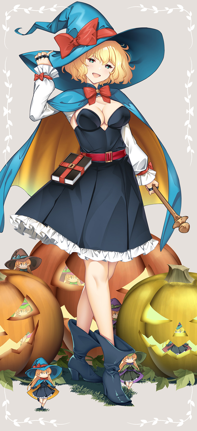 1girl adjusting_clothes adjusting_headwear alice_margatroid belt black_dress black_footwear blonde_hair blue_cape blue_eyes blue_headwear book book_holster boots bow breasts cape cleavage doll dress frilled_dress frilled_sleeves frills full_body half-closed_eyes halloween halloween_costume hat hat_bow hataraki_kuma high_heel_boots high_heels highres holding holding_wand jack-o'-lantern jewelry looking_at_viewer medium_breasts medium_dress open_mouth orange_cape red_belt red_bow ring shanghai_doll short_hair shrug_(clothing) smile solo standing strapless strapless_dress touhou two-sided_cape two-sided_fabric wand white_sleeves witch_hat