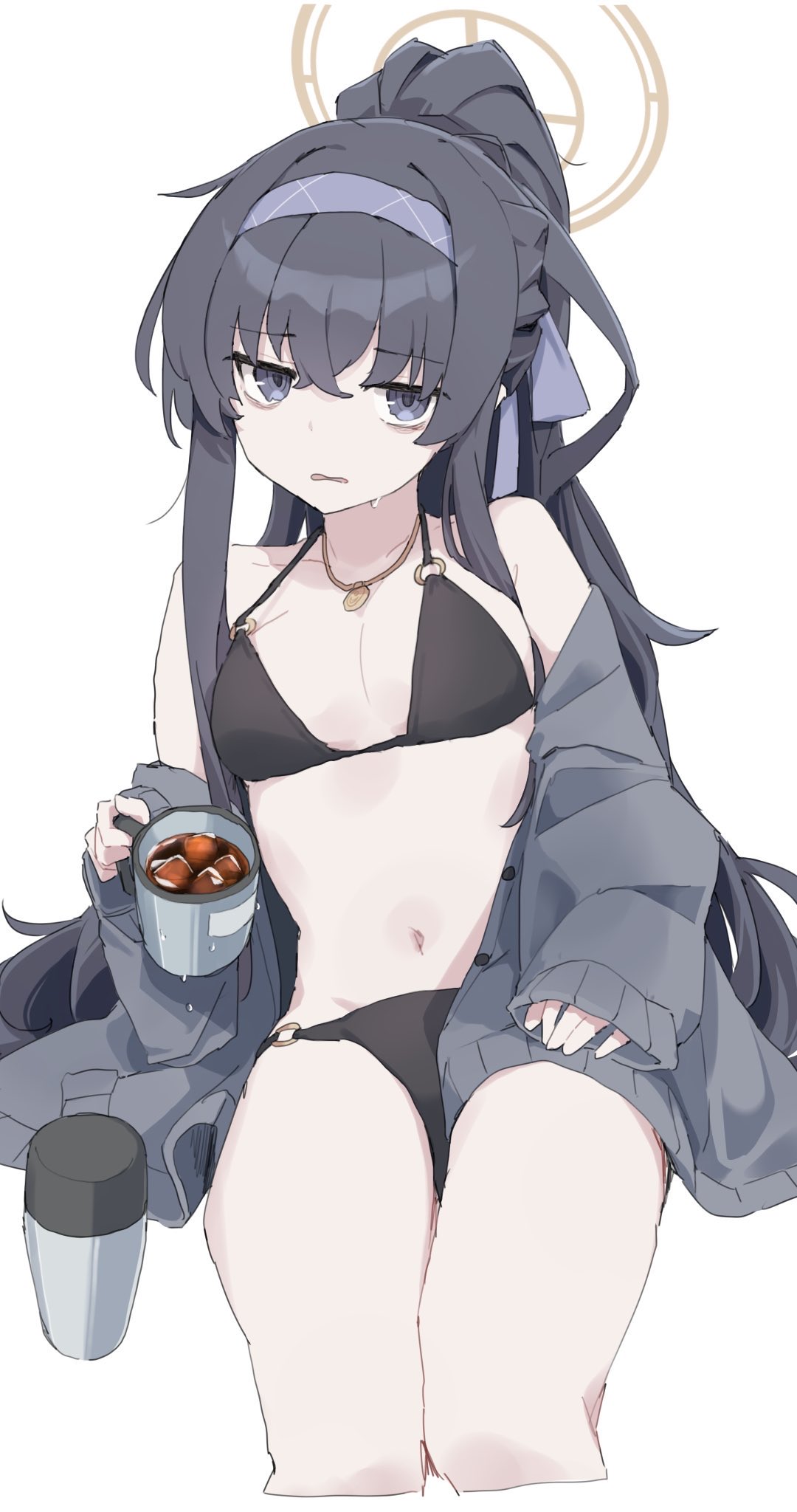 1girl bags_under_eyes bikini black_bikini black_hair blue_archive blue_hairband breasts cardigan cup grey_cardigan grey_eyes hairband halo highres holding holding_cup ice ice_cube jewelry long_hair looking_at_viewer makkurourufu necklace open_cardigan open_clothes parted_lips ponytail simple_background sketch small_breasts solo sweat swimsuit thermos ui_(blue_archive) ui_(swimsuit)_(blue_archive) very_long_hair wavy_mouth white_background