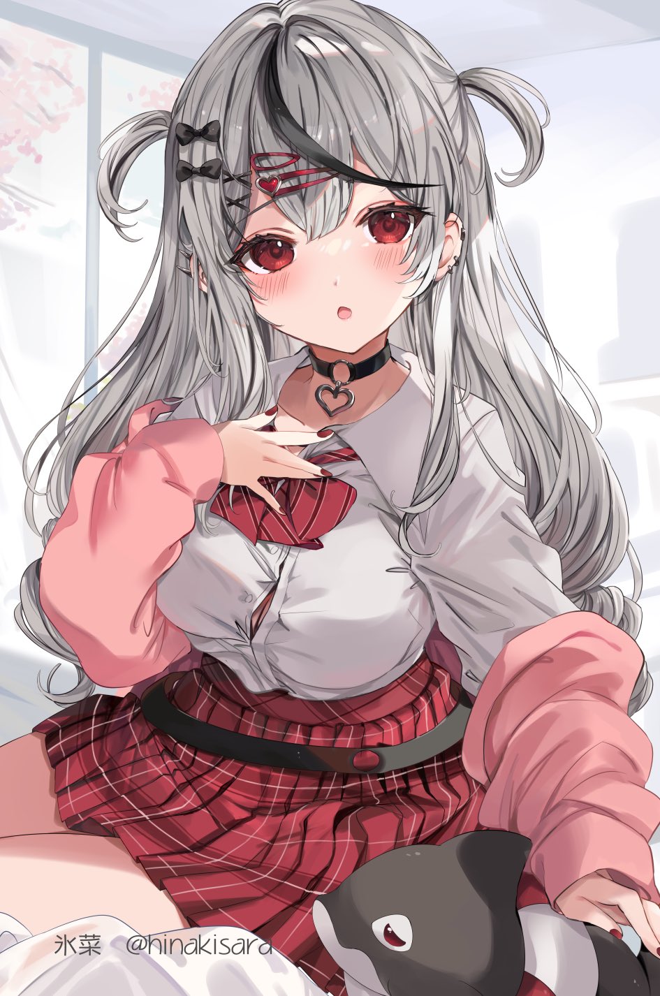 1girl black_choker black_hair blush bow bowtie breasts cardigan choker commentary_request ear_piercing grey_hair hair_ornament hairclip hand_on_own_chest heart_pendant highres hinahino hololive large_breasts long_hair long_sleeves looking_at_viewer multicolored_hair o-ring o-ring_choker off_shoulder open_mouth piercing pink_cardigan plaid plaid_skirt pleated_skirt red_bow red_bowtie red_eyes red_nails red_skirt sakamata_chloe school_uniform shirt shirt_tucked_in skirt solo streaked_hair twitter_username two_side_up virtual_youtuber white_shirt x_hair_ornament