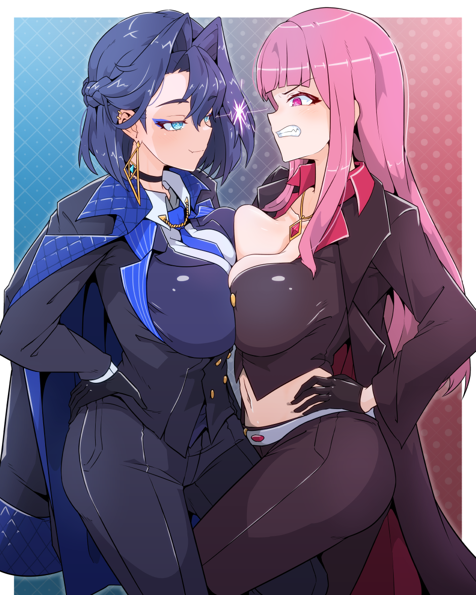 2girls angry black_choker black_gloves blazer blue_eyeliner blue_eyes blue_hair blue_necktie breast_press breasts choker cleavage clenched_teeth closed_mouth collared_shirt earrings face-to-face gloves hair_intakes hands_on_own_hips highres hololive hololive_english jacket jewelry large_breasts light_trail lightning_glare long_hair looking_at_another moral_cacoethes mori_calliope multiple_girls navel necklace necktie ouro_kronii pants pink_eyes pink_hair shirt short_hair smug stomach symmetrical_docking teeth trench_coat very_long_hair virtual_youtuber
