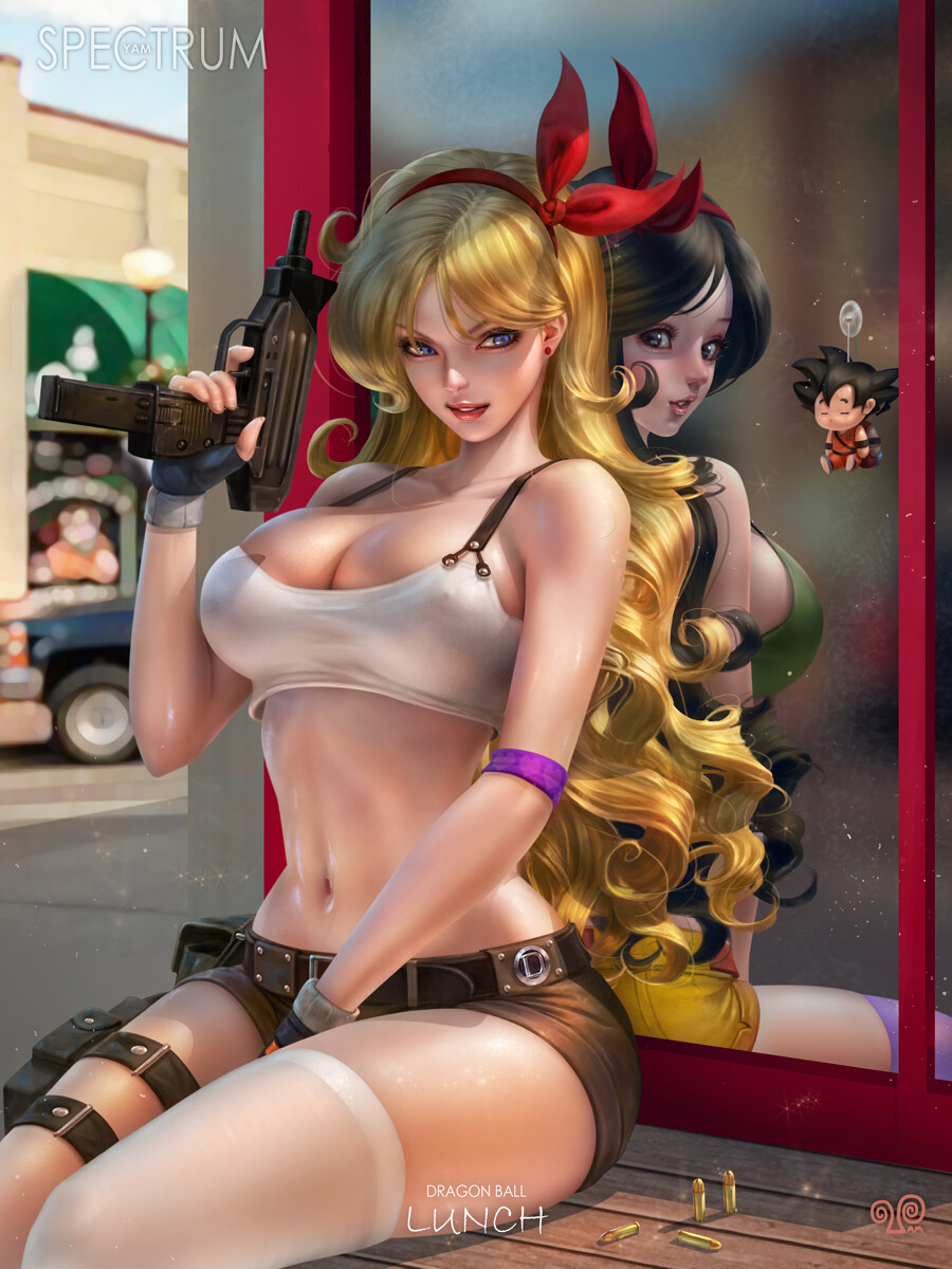 2girls armband artist_name bare_shoulders between_legs black_eyes black_hair blonde_hair blue_eyes blurry blurry_background bow bow_hairband breasts bullet character_doll character_name cleavage commentary copyright_name covered_nipples crop_top deviantart_sample different_reflection dragon_ball dual_persona duplicate english_commentary green_shirt gun hair_bow hair_ribbon hairband hand_between_legs hand_up highres holding holding_gun holding_weapon image_sample large_breasts lips long_hair looking_at_viewer lunch_(dragon_ball) machine_gun micro_uzi midriff mirror multiple_girls navel parted_lips red_bow red_hairband reflection ribbon see-through see-through_shirt shirt short_shorts shorts single_thighhigh sitting son_goku submachine_gun tank_top thick_lips thick_thighs thighhighs thighs very_long_hair weapon white_shirt white_thighhighs yam_spectrum