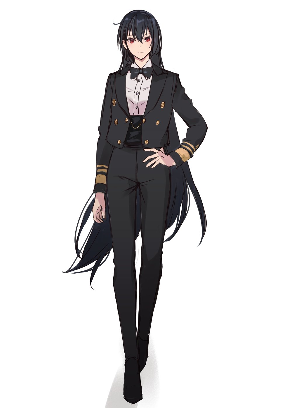 1girl alternate_costume black_bow black_bowtie black_footwear black_hair black_jacket black_pants bow bowtie breasts closed_mouth collared_shirt full_body hair_between_eyes hand_on_own_hip highres jacket kantai_collection kasumi_(skchkko) long_hair long_sleeves looking_at_viewer nagato_(kancolle) open_clothes open_jacket pants red_eyes shirt simple_background solo standing very_long_hair white_background white_shirt