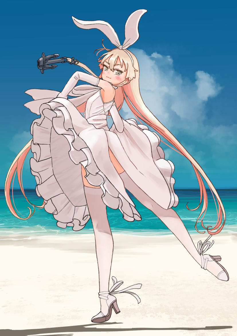 1girl anchor_hair_ornament beach blonde_hair blue_sky cloud commentary_request dancing day dress grey_eyes hair_ornament hairband horizon kantai_collection kitsuneno_denpachi long_hair ocean official_alternate_costume outdoors shimakaze_(kancolle) skirt_hold sky sleeveless sleeveless_dress smile solo thighhighs white_dress white_hairband white_thighhighs