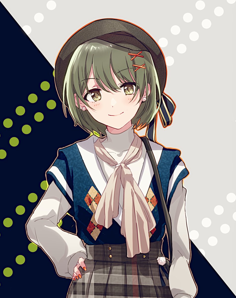 1girl anaroguya argyle_vest bag black_headwear blue_background blue_vest blush closed_mouth covered_collarbone dot_nose earrings green_eyes green_hair grey_background grey_skirt hair_ornament hairclip hand_on_own_hip hat highres idolmaster idolmaster_shiny_colors jewelry long_sleeves looking_at_viewer nanakusa_nichika neckerchief plaid plaid_skirt pleated_skirt polka_dot polka_dot_background red_nails shirt short_hair shoulder_bag skirt smile solo two-tone_background upper_body vest white_neckerchief white_shirt