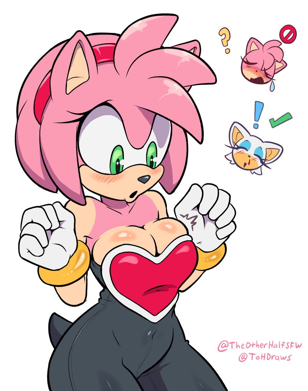 2023 5_fingers accessory alternate_costume amy_rose anime_nosebleed anthro armor artist_name bare_shoulders bat biped black_nose blood blush bodily_fluids bodysuit bracelet breast_squish breastplate breasts check_mark cleavage clothed clothing cosplay duo emanata eulipotyphlan exclamation_point eyelashes female fingers flash_emanata gloves green_check_mark green_eyes green_tick_mark hair hair_accessory hairband handwear heart_clothing hedgehog hi_res jewelry looking_at_own_breasts looking_at_self mammal no_symbol nosebleed pink_face pink_hair question_mark red_hairband rouge_the_bat rouge_the_bat_outfit sega short_tail simple_background skinsuit small_nose sonic_the_hedgehog_(series) squish surprised_expression tail the_other_half tick_mark tight_clothing twitter_handle white_background white_clothing white_gloves white_handwear