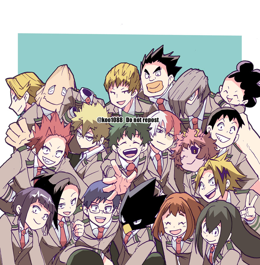 6+boys 6+girls aoyama_yuuga aqua_background ashido_mina asui_tsuyu bakugou_katsuki black_hair blazer blonde_hair blue_hair boku_no_hero_academia brown_hair closed_eyes closed_mouth collared_shirt commentary freckles green_hair grey_hair grey_jacket hagakure_tooru iida_tenya invisible jacket jirou_kyouka kaminari_denki kirishima_eijirou koo1088 kouda_kouji long_hair long_sleeves looking_at_viewer midoriya_izuku mineta_minoru multiple_boys multiple_girls necktie ojiro_mashirao one_eye_closed open_mouth pink_hair purple_hair reaching reaching_towards_viewer red_hair red_necktie satou_rikidou school_uniform sero_hanta shirt short_hair shouji_mezou simple_background smile todoroki_shouto tokoyami_fumikage twitter_username u.a._school_uniform uraraka_ochako white_hair white_shirt yaoyorozu_momo