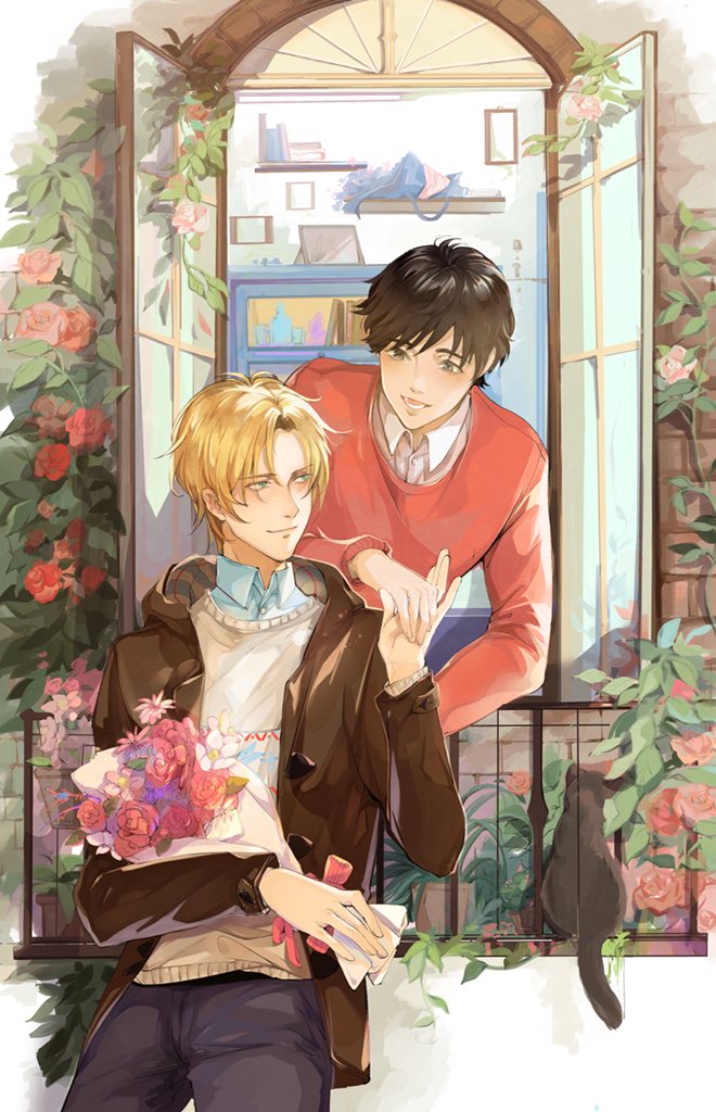 2boys ash_lynx banana_fish black_cat blonde_hair blue_shirt bouquet brick_wall brown_eyes brown_hair brown_jacket cat couple cowboy_shot denim eye_contact flower green_eyes holding holding_bouquet holding_hands jacket jeans layered_clothes leaning_back leaning_forward looking_at_another male_focus multiple_boys okumura_eiji open_clothes open_jacket open_mouth open_window pants plant red_flower red_rose red_sweater rose shirt short_hair sweater sweater_vest upper_body vidave1 vines waiting white_shirt window yaoi yellow_sweater_vest