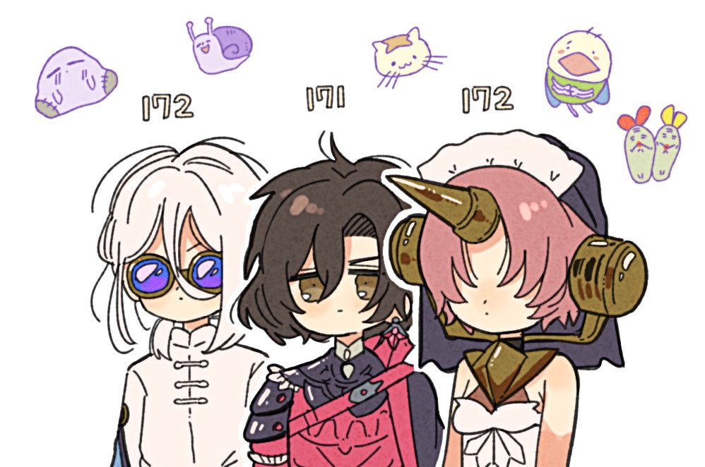 1girl 2boys :| armor bird black_cape black_hair brown_eyes cape cat chibi chinese_clothes closed_mouth constantine_xi_(fate) dot_mouth dress earrings fate/grand_order fate_(series) frankenstein's_monster_(fate) hair_between_eyes hair_over_eyes headgear height horns jacket jewelry looking_at_viewer low_ponytail maid_headdress mechanical_horns medium_hair multiple_boys outline parted_bangs pink_hair prince_of_lan_ling_(eastern_socialite_attire)_(fate) prince_of_lan_ling_(fate) purple-tinted_eyewear red_armor short_hair shoulder_cape simple_background single_earring single_horn sleeveless sleeveless_dress snail sunglasses tangzhuang tinted_eyewear upper_body veil white_background white_dress white_hair white_jacket white_outline yunme