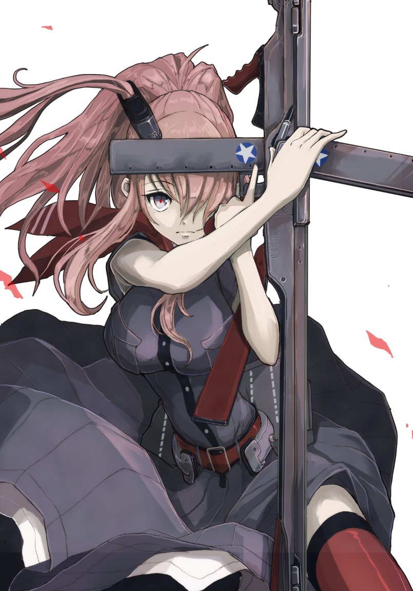 1girl belt black_dress boushi-ya breasts dress flight_deck grey_eyes high_side_ponytail holding holding_weapon kantai_collection light_brown_hair looking_at_viewer ponytail red_belt red_thighhighs saratoga_(kancolle) saratoga_mk_ii_(kancolle) smokestack_hair_ornament solo star_(symbol) thighhighs weapon white_background