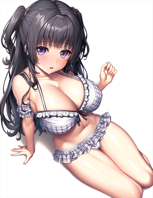 1girl bang_dream! bare_shoulders bikini black_hair blush breasts cleavage collarbone commentary frills hair_ornament lambda_(kusowarota) large_breasts long_hair looking_at_viewer navel parted_lips purple_eyes shirokane_rinko simple_background sitting solo swimsuit thighs two_side_up white_background white_bikini