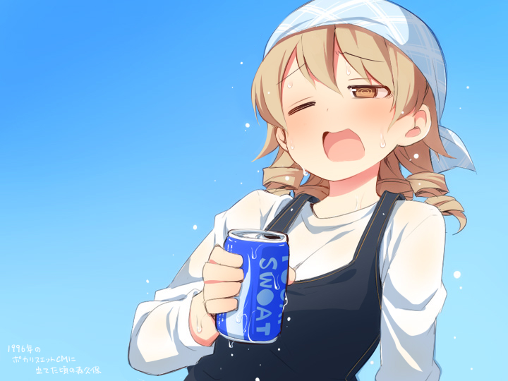 1girl black_dress blue_background blush brown_eyes brown_hair can dress gradient_background hair_between_eyes half-closed_eyes head_scarf holding holding_can idolmaster idolmaster_cinderella_girls long_hair morikubo_nono one_eye_closed open_mouth plaid pocari_sweat revision ringlets shirt sleeveless sleeveless_dress solo sweat uccow upper_body wavy_mouth white_shirt