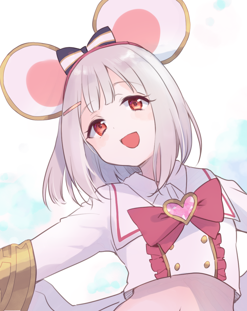 1girl :d animal_ears black_bow bow center_frills commentary_request crop_top frills granblue_fantasy grey_hair gucchiann hair_bow hair_ornament hairclip heart highres long_sleeves looking_at_viewer mouse_ears navel red_bow red_eyes shirt smile solo striped striped_bow upper_body vikala_(granblue_fantasy) white_shirt