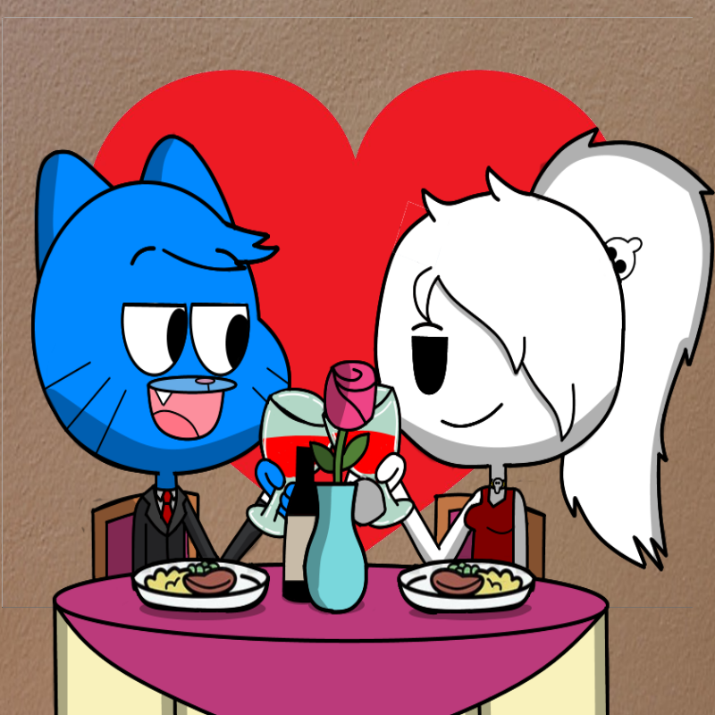 &lt;3 age_difference aged_up alcohol anthro beverage blue_body blue_fur carrie_krueger cartoon_network clothing container cup date dinner domestic_cat dress drinking_glass duo eye_contact felid feline felis female flower flower_pot food fur ghost glass glass_container glass_cup gumball_watterson hair half-closed_eyes holidays lincylover_(artist) looking_at_another male mammal narrowed_eyes older_female older_male plant ponytail red_clothing red_dress spirit suit the_amazing_world_of_gumball valentine's_day wine wine_bottle wine_glass