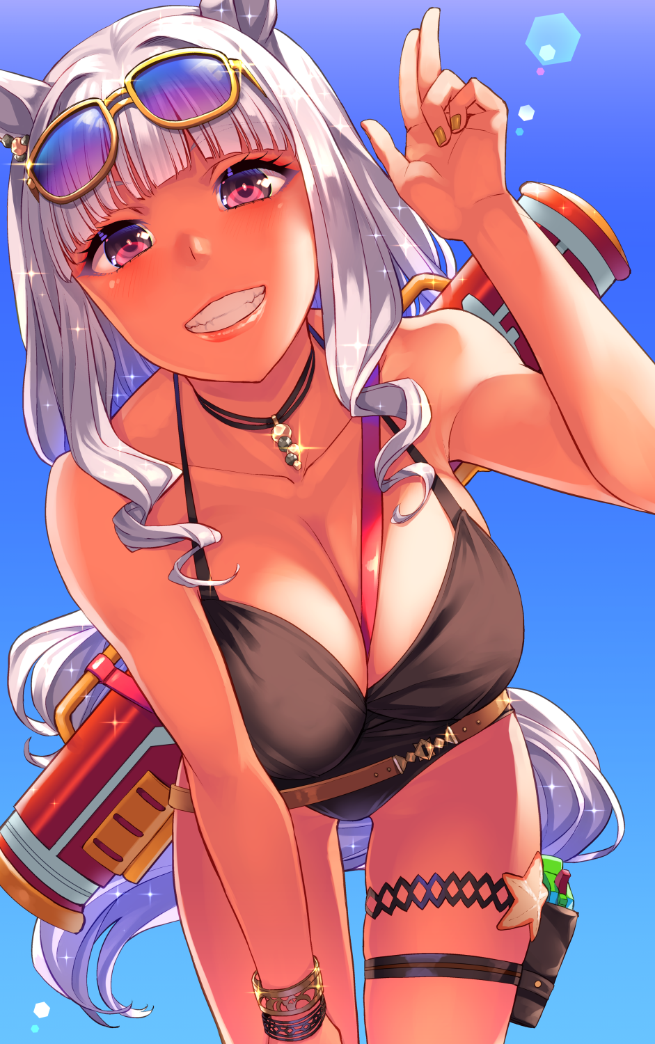 1girl aaru_(tenrake_chaya) animal_ears backlighting bent_over between_breasts blue_sky blunt_bangs breasts cleavage day eyelashes eyewear_on_head fingernails gold_ship_(run_revolt_launcher)_(umamusume) gold_ship_(umamusume) grey_hair grin hair_between_eyes hair_intakes hand_on_own_leg hand_up highres holster horse_ears horse_girl horse_tail jewelry large_breasts leaning_to_the_side lips long_hair looking_at_viewer nail_polish one-piece_swimsuit outdoors outstretched_arm pink_eyes sky smile solo sparkle strap_between_breasts sunglasses sunlight swimsuit tail teeth thigh_holster thigh_strap umamusume water_gun yellow_nails