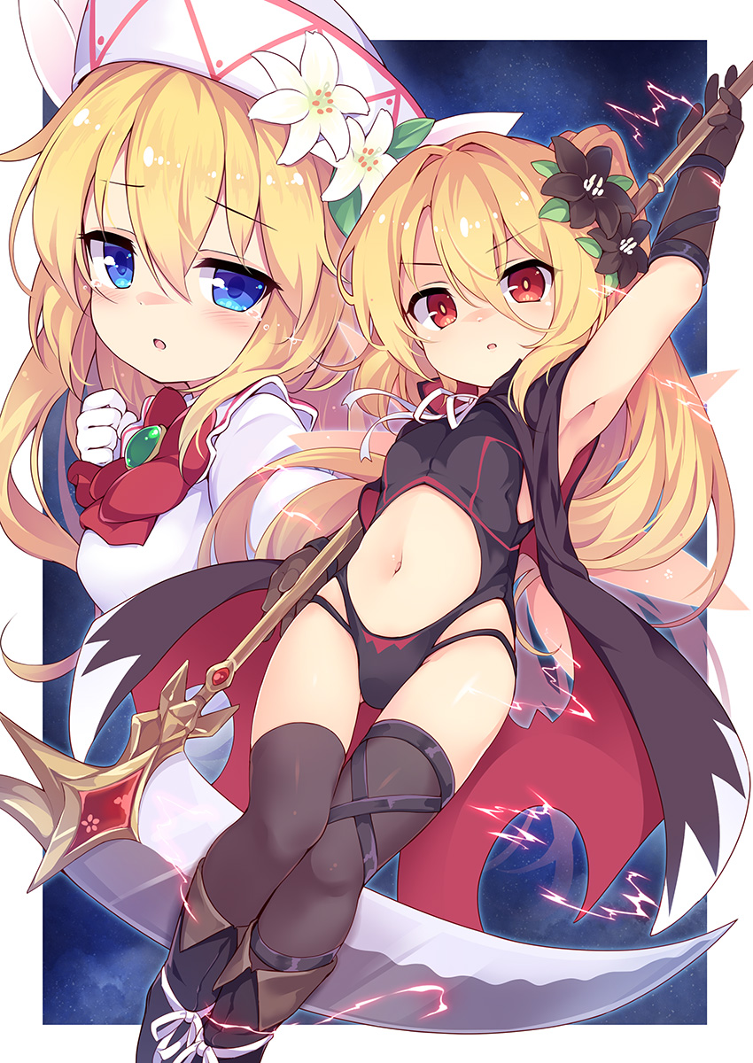 2girls :o arm_up armpits baku-p black_flower black_footwear black_gloves black_leotard black_thighhighs blonde_hair blue_hair boots bow breasts brooch center_opening comiket_102 dress elbow_gloves flower gloves hair_flower hair_ornament highres holding holding_scythe jewelry leotard lily_black lily_white long_hair multiple_girls navel parted_lips ponytail red_bow red_eyes scythe small_breasts thighhighs thighhighs_under_boots touhou very_long_hair white_dress white_flower white_headwear