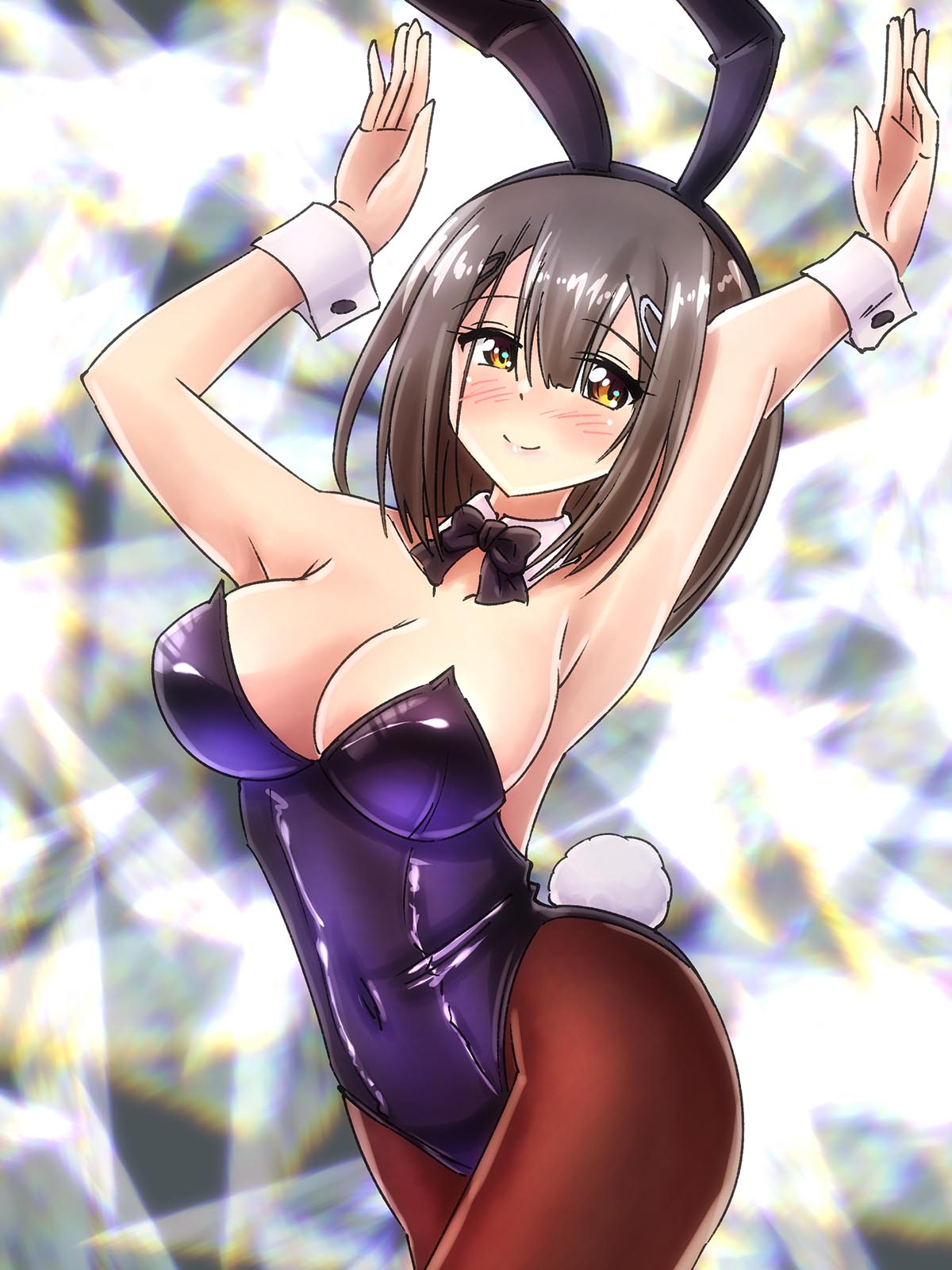 1girl alternate_costume animal_ears armpits bare_shoulders black_bow black_hairband black_leotard blush bow breasts brown_eyes brown_hair brown_pantyhose cleavage collarbone covered_navel detached_collar fake_animal_ears hair_ornament hairband hairclip highres leotard looking_at_viewer medium_breasts medium_hair muvluv muvluv_alternative muvluv_alternative_(anime) oekaki_lemon pantyhose playboy_bunny rabbit_ears rabbit_pose rabbit_tail smile solo tail usuki_sakura wrist_cuffs