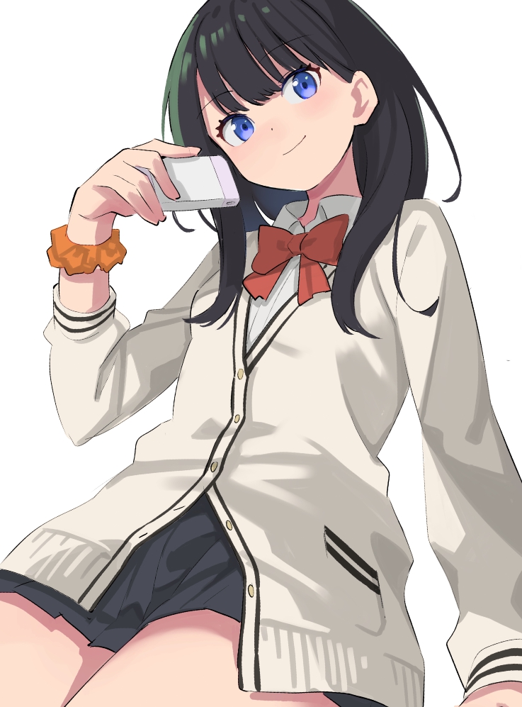 1girl aki_poi black_hair black_skirt blue_eyes bow cardigan cellphone closed_mouth collared_shirt commentary_request dress_shirt from_below green_hair grey_cardigan gridman_universe head_tilt holding holding_phone long_hair long_sleeves looking_at_viewer looking_down multicolored_hair orange_scrunchie phone pleated_skirt red_bow scrunchie shirt simple_background skirt smile solo streaked_hair takarada_rikka white_background white_shirt wrist_scrunchie