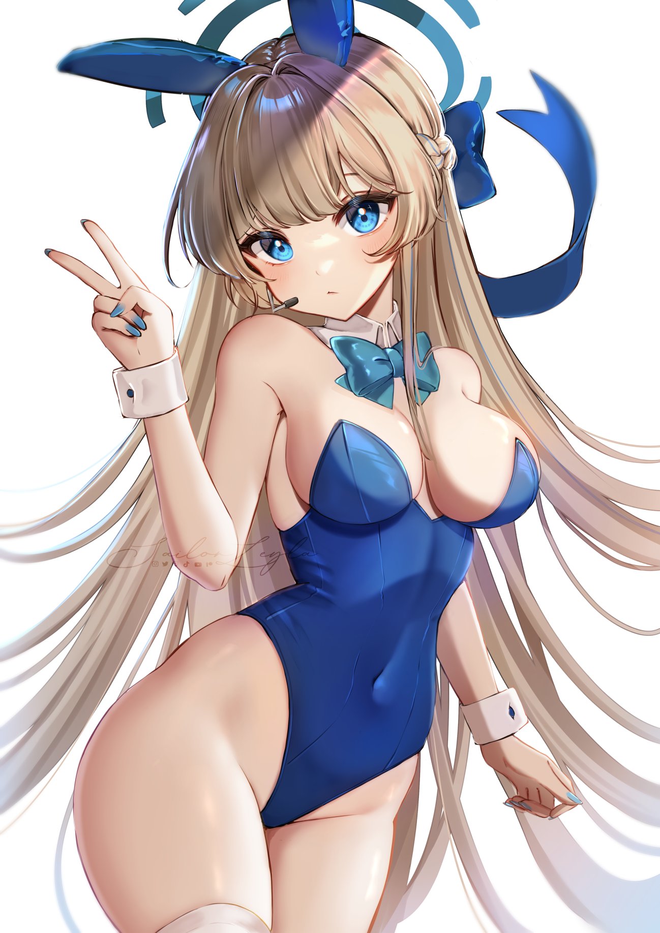 1girl aqua_bow aqua_bowtie arm_at_side bare_shoulders blonde_hair blue_archive blue_bow blue_eyes blue_leotard blue_nails bow bowtie braid breasts closed_mouth covered_navel cowboy_shot detached_collar earpiece expressionless fingernails groin hair_bow halo hand_up highleg highleg_leotard highres leotard long_hair medium_breasts microphone nail_polish official_alternate_costume sailorleyla simple_background solo strapless strapless_leotard toki_(blue_archive) toki_(bunny)_(blue_archive) v very_long_hair watermark white_background white_wrist_cuffs wrist_cuffs