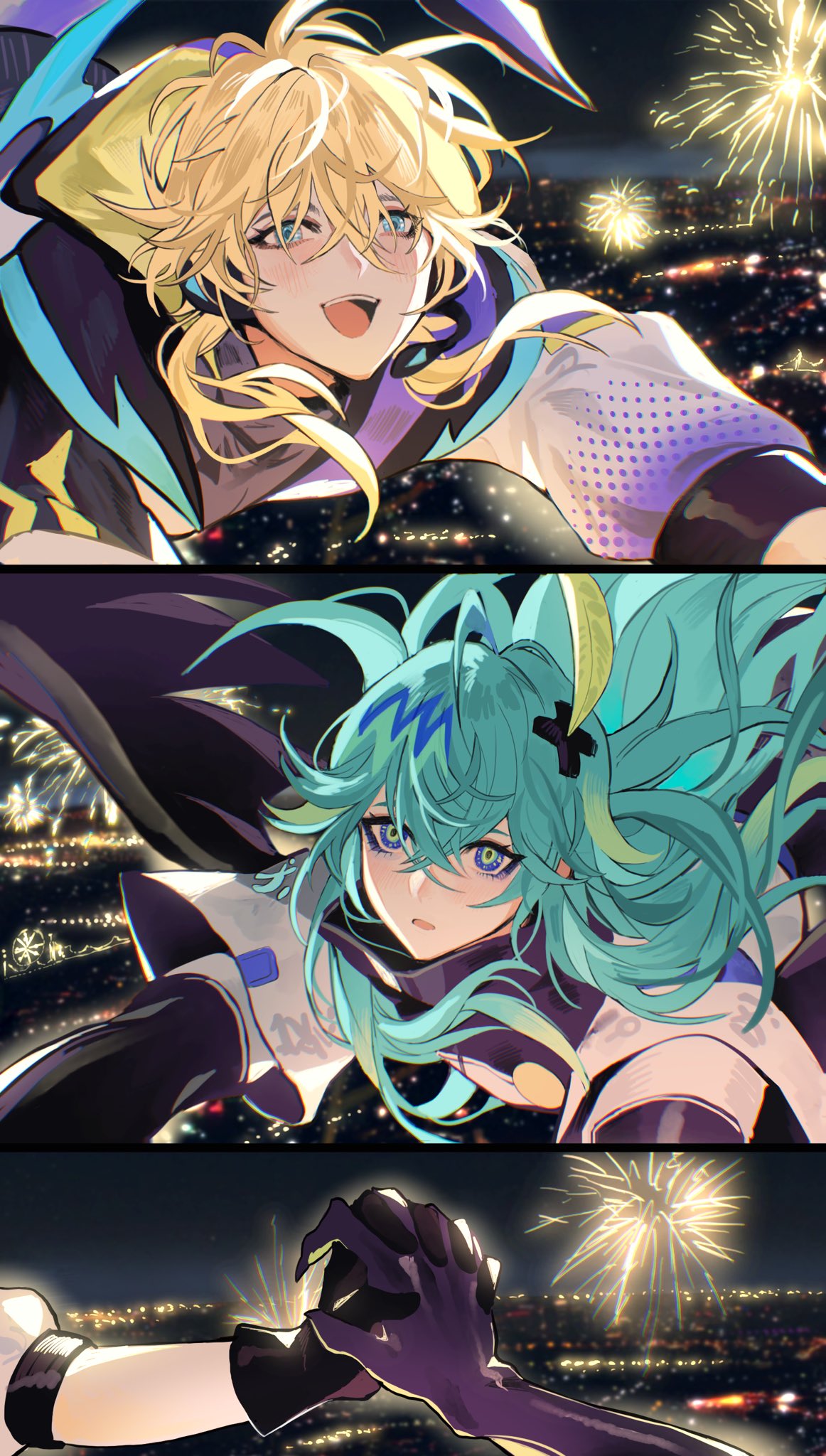 0nashiro 2boys androgynous aqua_eyes aqua_hair arena_of_valor blonde_hair blue_eyes blush fireworks highres laville_(arena_of_valor) light_green_hair looking_at_another male_focus multicolored_hair multiple_boys official_alternate_costume official_alternate_hair_color parted_lips purple_eyes yaoi zata_(arena_of_valor)