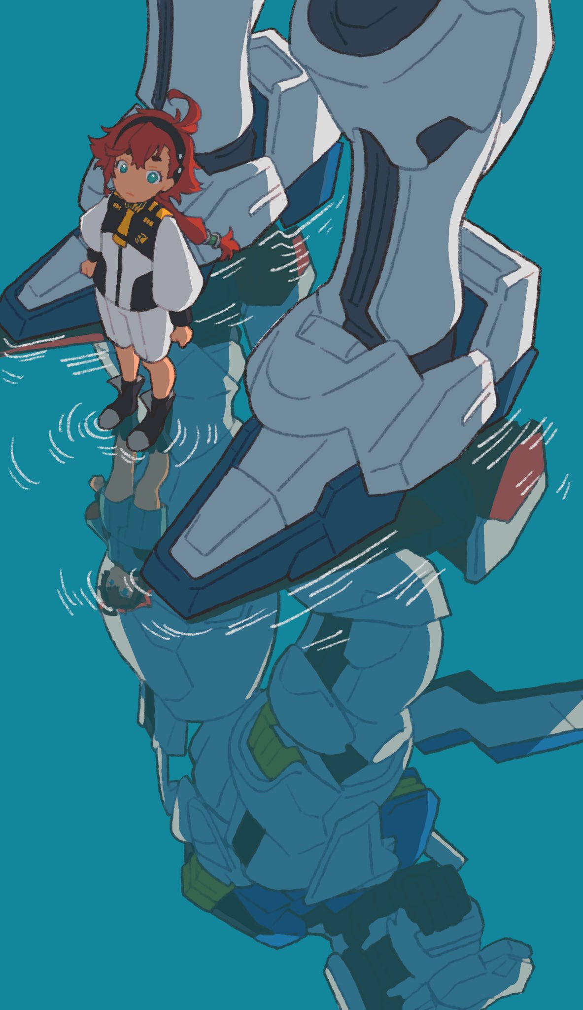 1girl ahoge aqua_eyes asticassia_school_uniform black_footwear black_hairband blue_background boots closed_mouth commentary dou_(mame_eee) from_above full_body gundam gundam_aerial gundam_suisei_no_majo hair_between_eyes hairband highres jacket long_hair long_sleeves looking_at_viewer low_ponytail mecha red_hair reflection reflective_water robot school_uniform shorts solo standing suletta_mercury thick_eyebrows white_jacket white_shorts