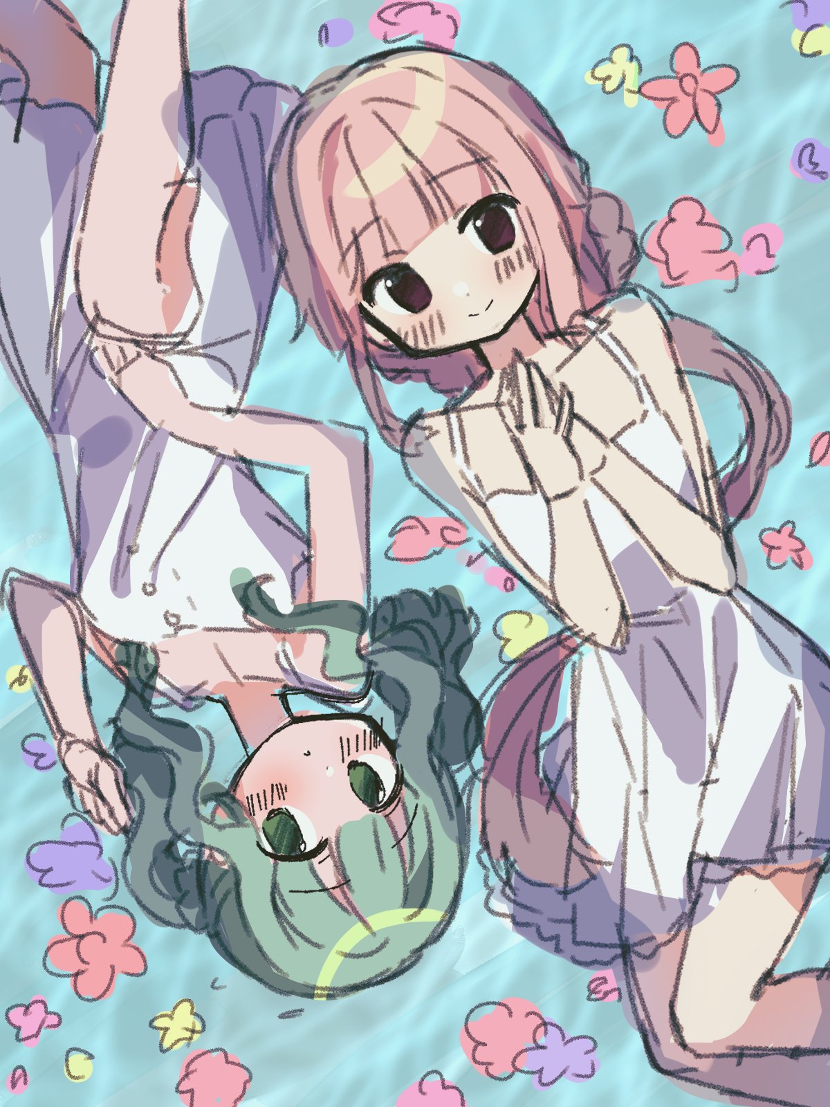 2girls blue_background blunt_bangs blush braid brown_eyes buttons dress flower futaba_sana green_eyes green_hair hand_up highres long_hair looking_at_viewer low_ponytail lying magia_record:_mahou_shoujo_madoka_magica_gaiden mahou_shoujo_madoka_magica medium_hair multiple_girls on_back pink_hair rotational_symmetry ruru_(rurumagi) short_dress side_braids sidelocks sketch sleeveless sleeveless_dress smile spaghetti_strap tamaki_iroha twintails very_long_hair wavy_hair white_dress