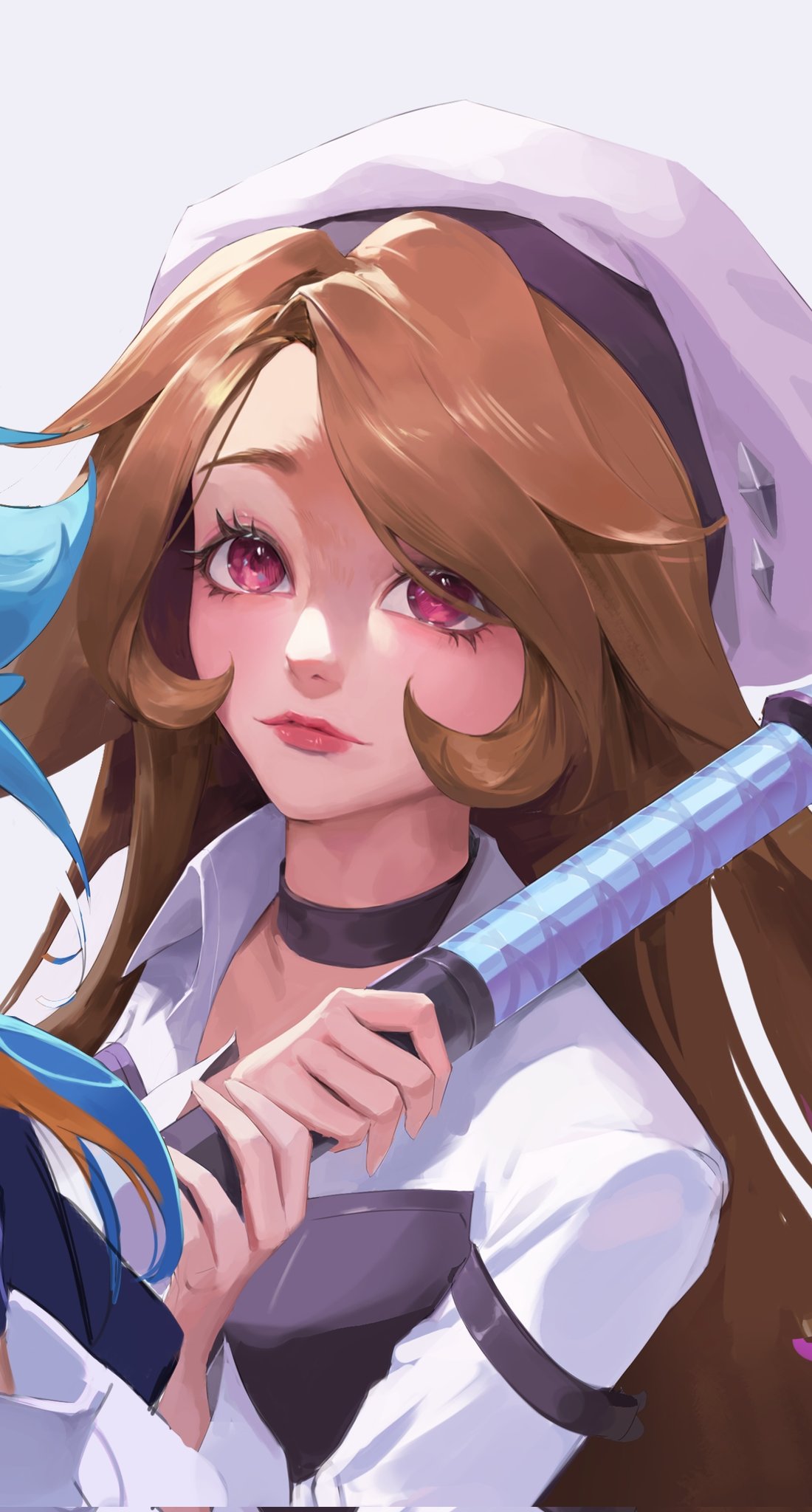 1girl black_choker brown_hair choker closed_mouth hands_up highres holding holding_staff k/da_lillia league_of_legends lillia_(league_of_legends) long_hair long_sleeves official_alternate_costume red_eyes shirt simple_background solo_focus staff syami_(choiimi) teamfight_tactics white_background white_hair white_shirt