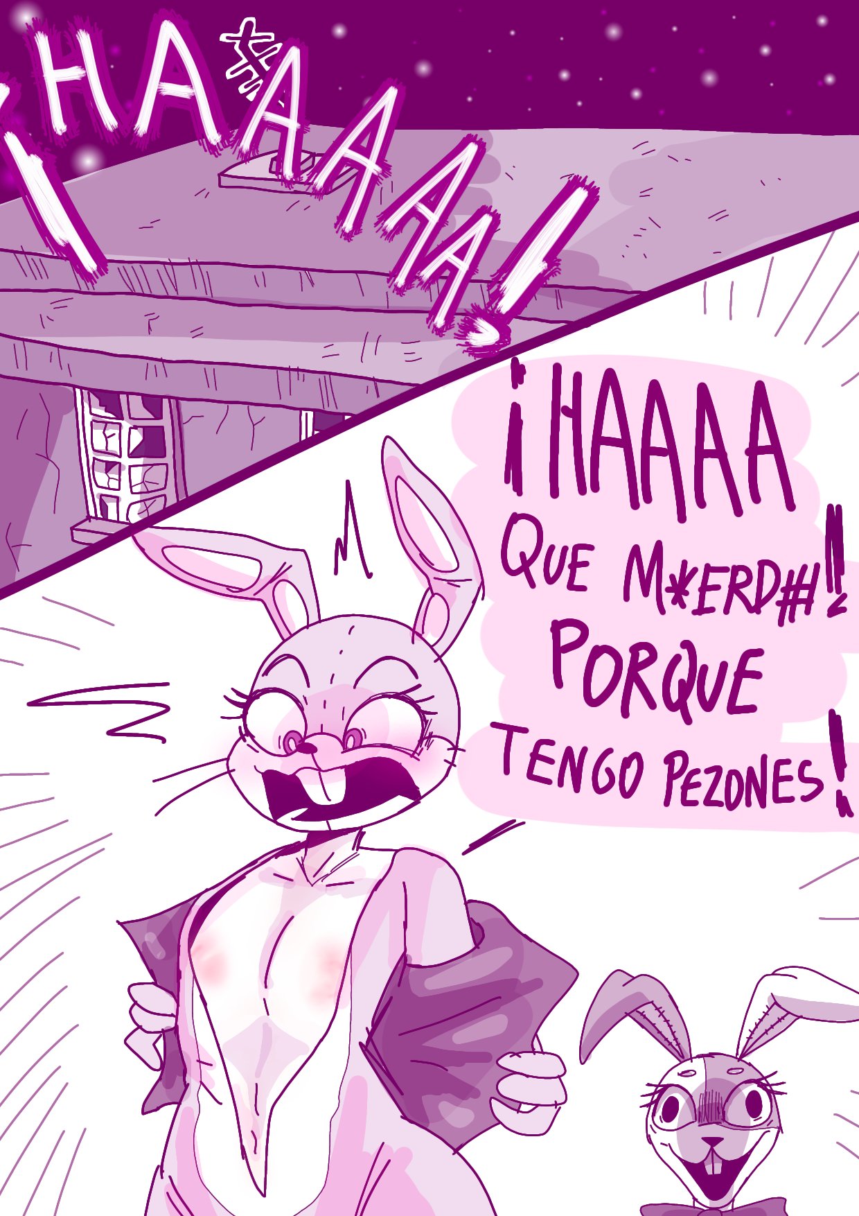 anthro bow_accessory buckteeth clothing comic duo female five_nights_at_freddy's glitchtrap happy hi_res lagomorph leporid male mammal monochrome nipples outside rabbit renita_reed scottgames screaming simple_background spanish_text surprise sweater teeth text topwear vanny_(fnaf) whiskers white_background