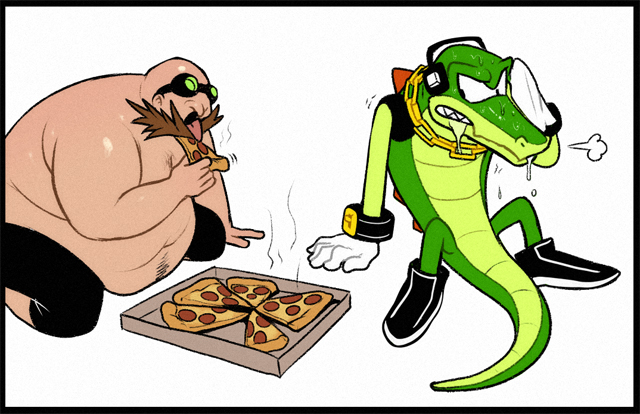 2023 anthro bodily_fluids bottomwear clothed clothing crocodilian dr._eggman duo eating food footwear gloves green_body handwear human light_body light_skin male mammal meme nipples overweight overweight_human overweight_male pizza pizza_box reptile scalie sega shorts simple_background sitting sonic_the_hedgehog_(series) sweat topless totesfleisch8 vector_the_crocodile